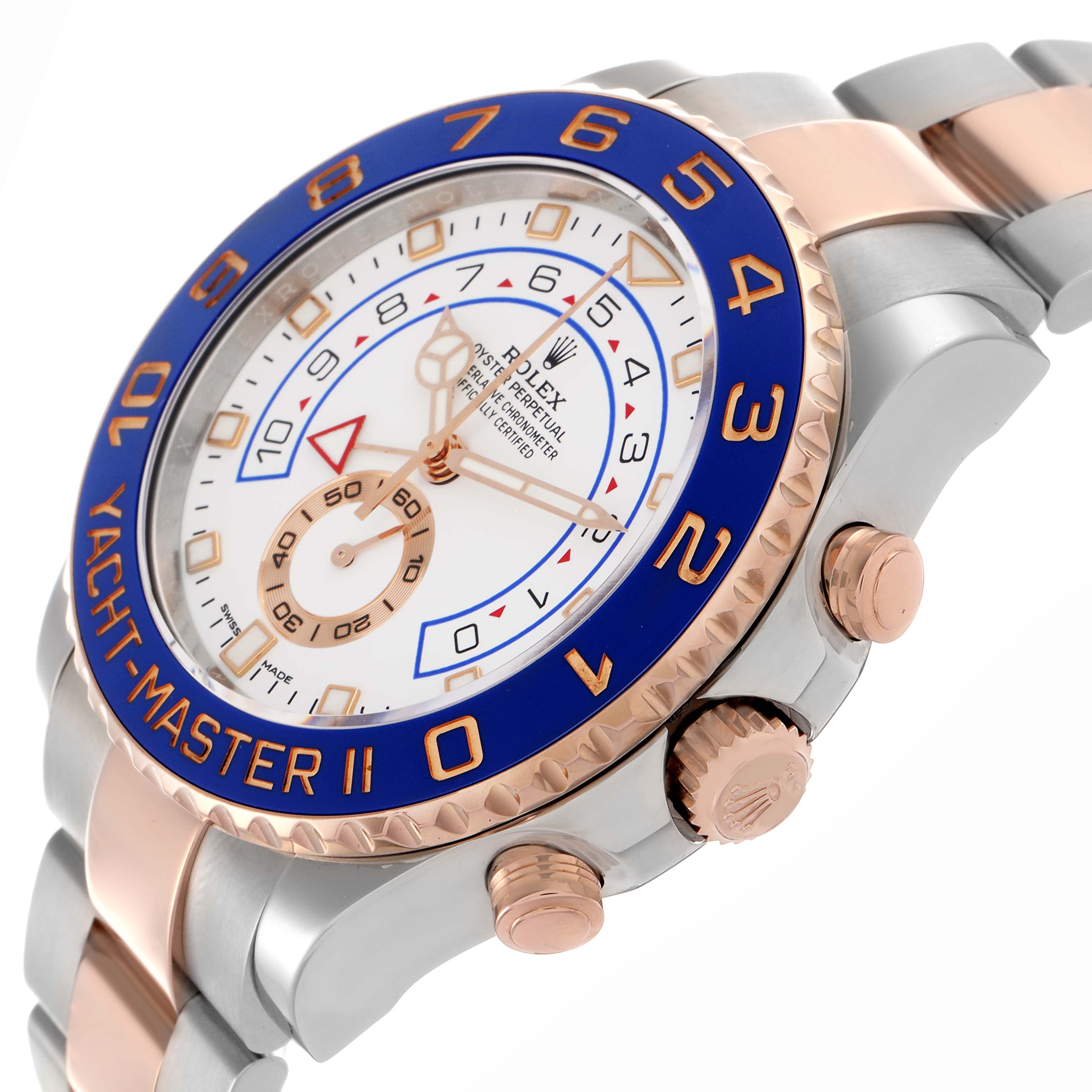 The Rolex Yacht-Master 116681 Men's Steel and Gold (two tone) White Dial 116681 Men's Steel and Gold (two tone) White Dial watch is shown at an angled side view, displaying the bezel, dial, crown, and part of the bracelet.