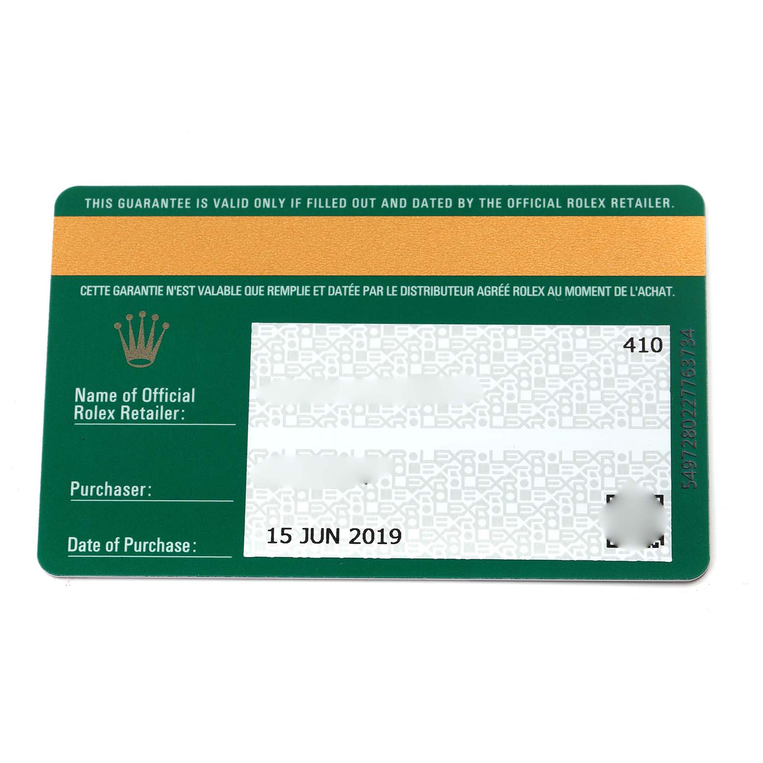 The image shows a green and gold Rolex guarantee card for a Yacht-Master model, with purchase date details visible.
