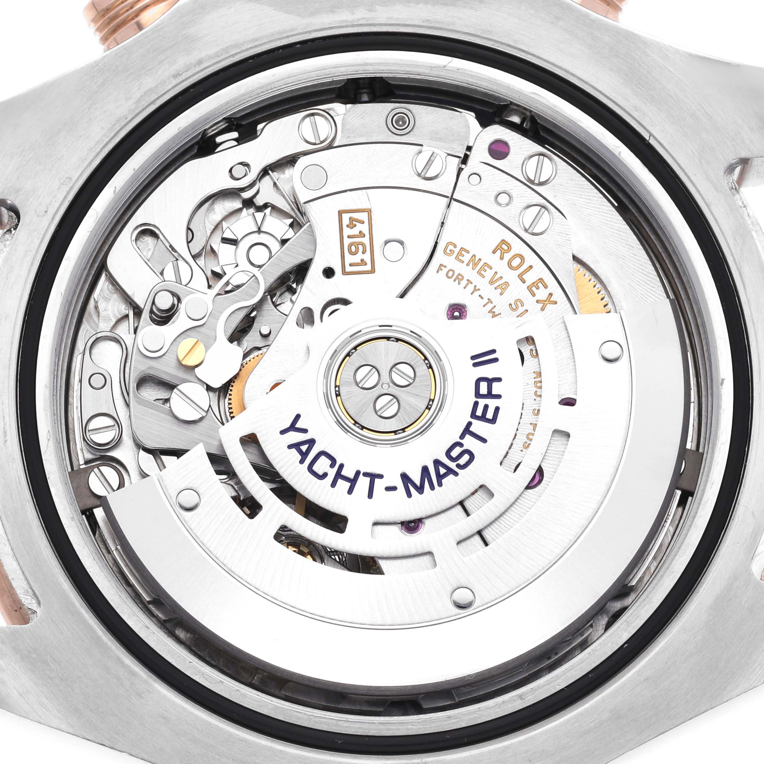 The image shows the Rolex Yacht-Master 116681 Men's Steel and Gold (two tone) White Dial 116681 Men's Steel and Gold (two tone) White Dial II's movement from a back view, highlighting its intricate mechanical parts.