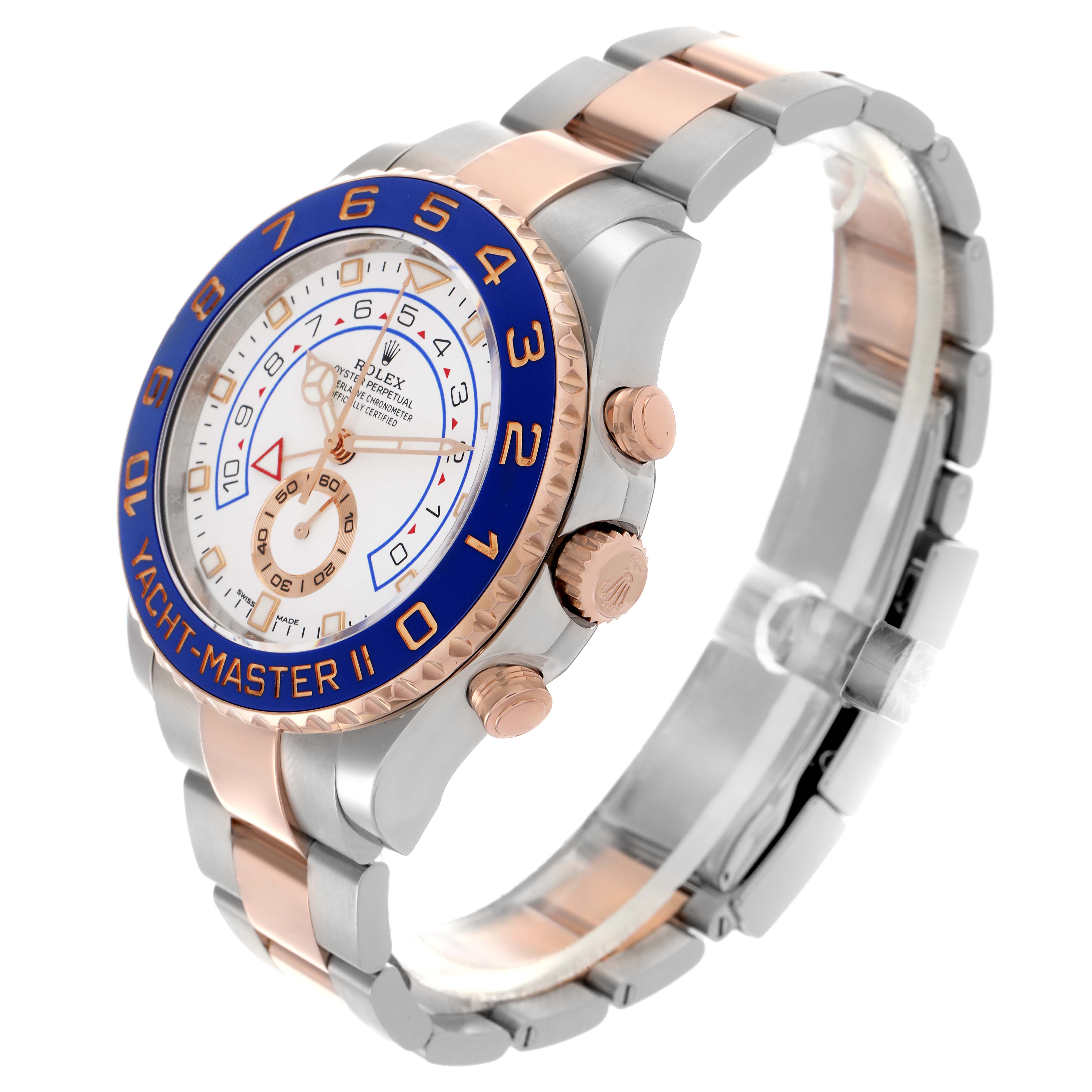 The Rolex Yacht-Master 116681 Men's Steel and Gold (two tone) White Dial 116681 Men's Steel and Gold (two tone) White Dial watch is shown at a three-quarter angle, highlighting the bezel, dial, crown, and bracelet.