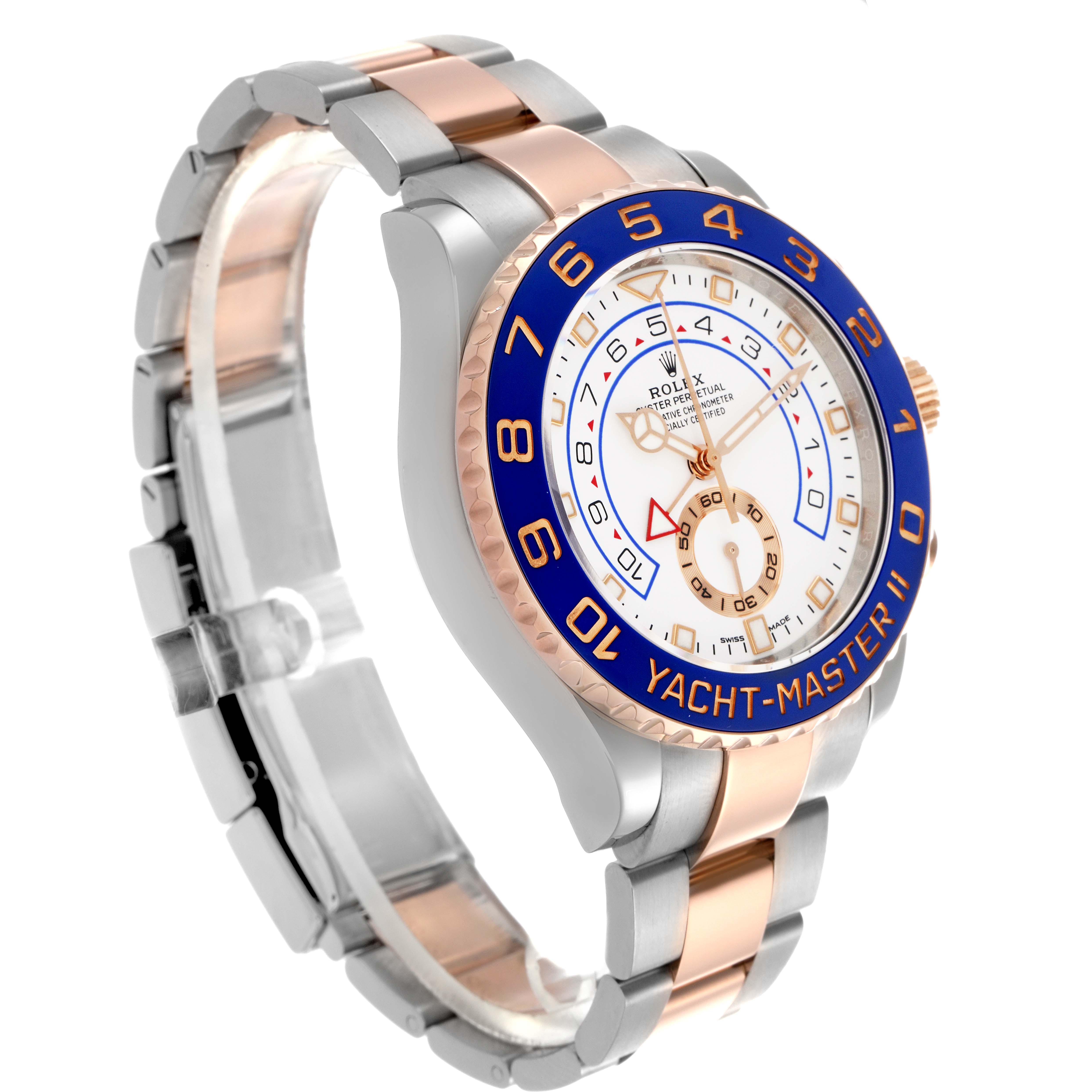 The Rolex Yacht-Master 116681 Men's Steel and Gold (two tone) White Dial 116681 Men's Steel and Gold (two tone) White Dial watch is shown at a three-quarter angle, highlighting the bezel, dial, and bracelet.