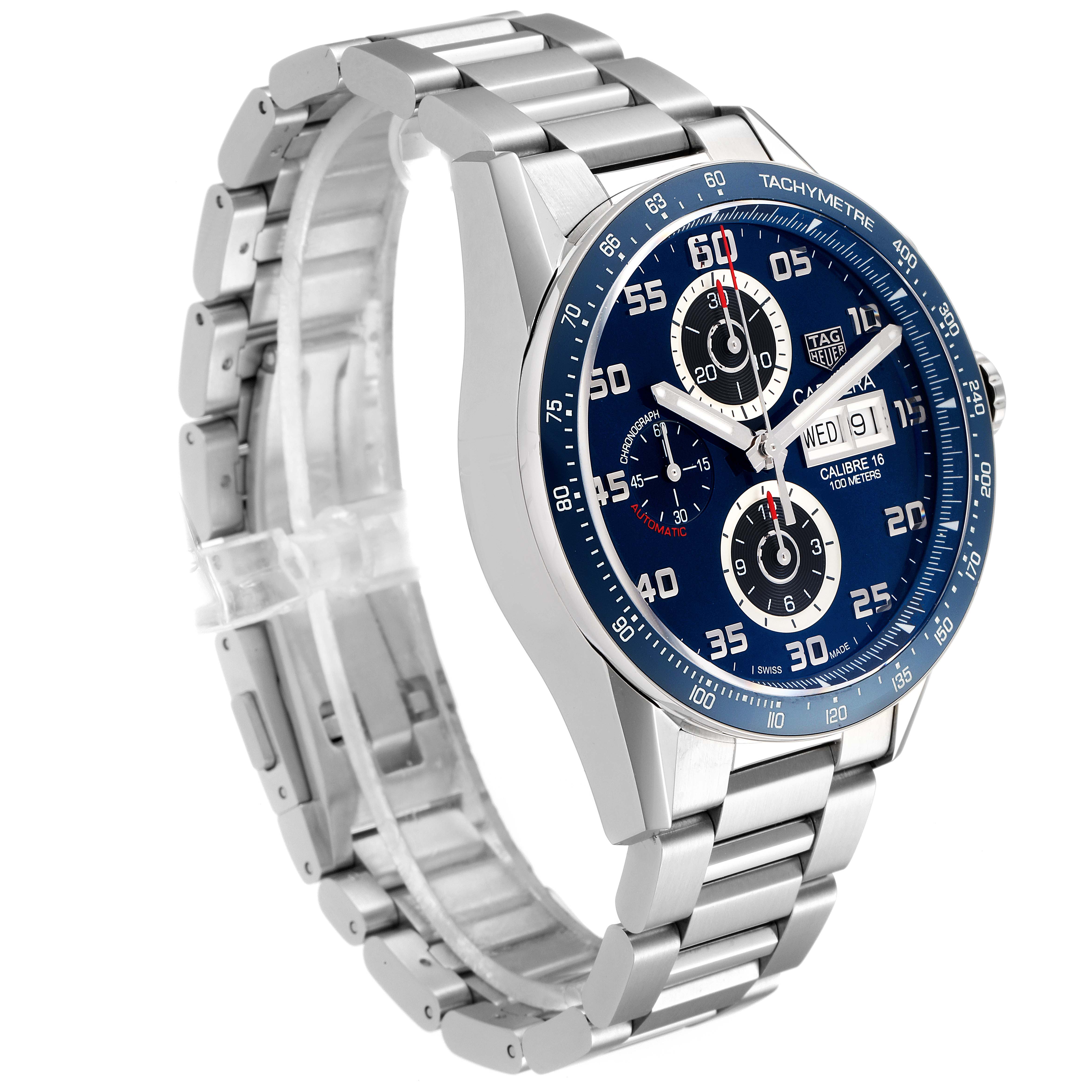 The image shows a Tag Heuer Carrera CV2A1V.BA0738 Men's Stainless Steel Blue Dial CV2A1V.BA0738 Men's Stainless Steel Blue Dial watch at a three-quarter angle, highlighting its face and metal bracelet.
