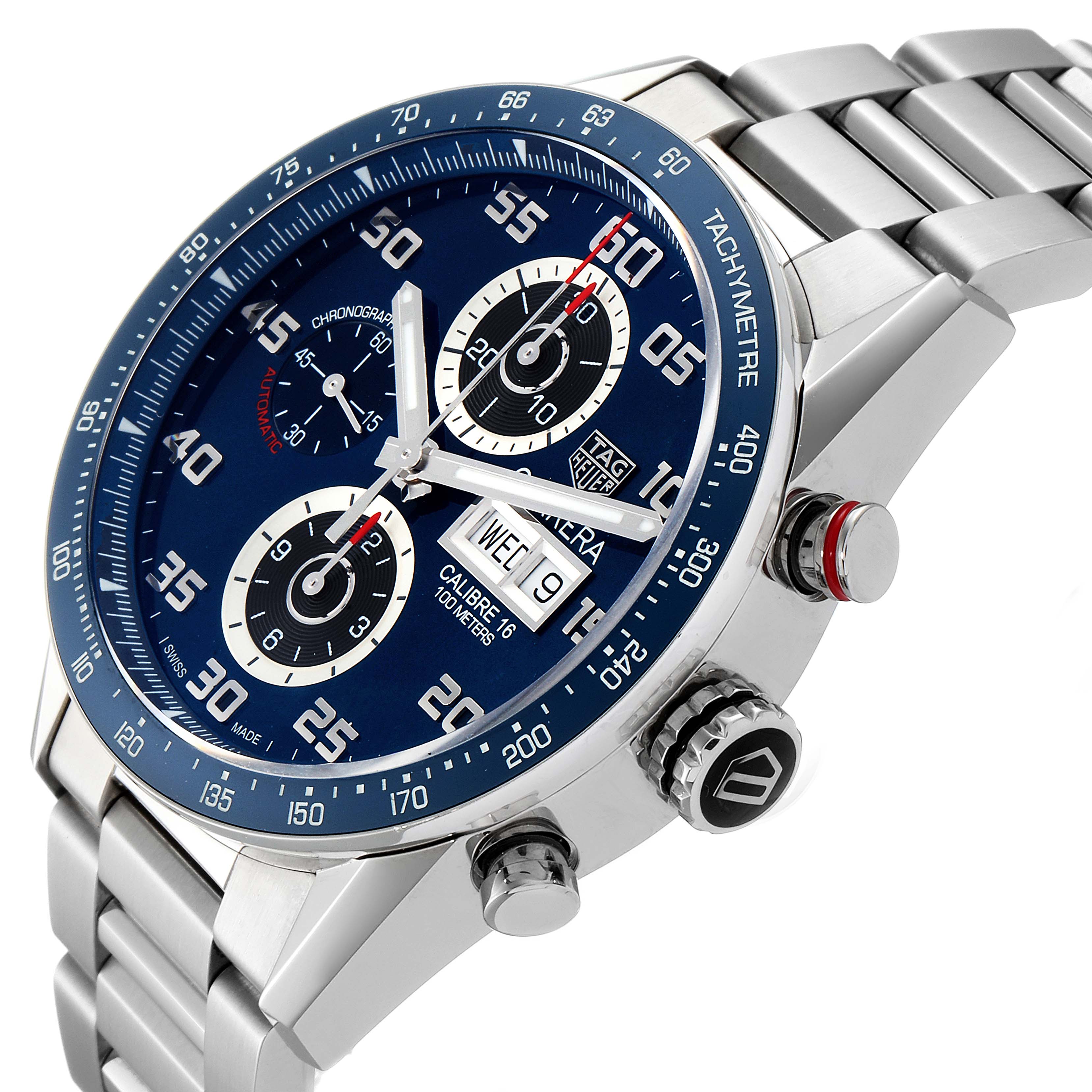 The image shows a close-up, angled view of a Tag Heuer Carrera CV2A1V.BA0738 Men's Stainless Steel Blue Dial CV2A1V.BA0738 Men's Stainless Steel Blue Dial watch, highlighting the face, dial, and metal bracelet.