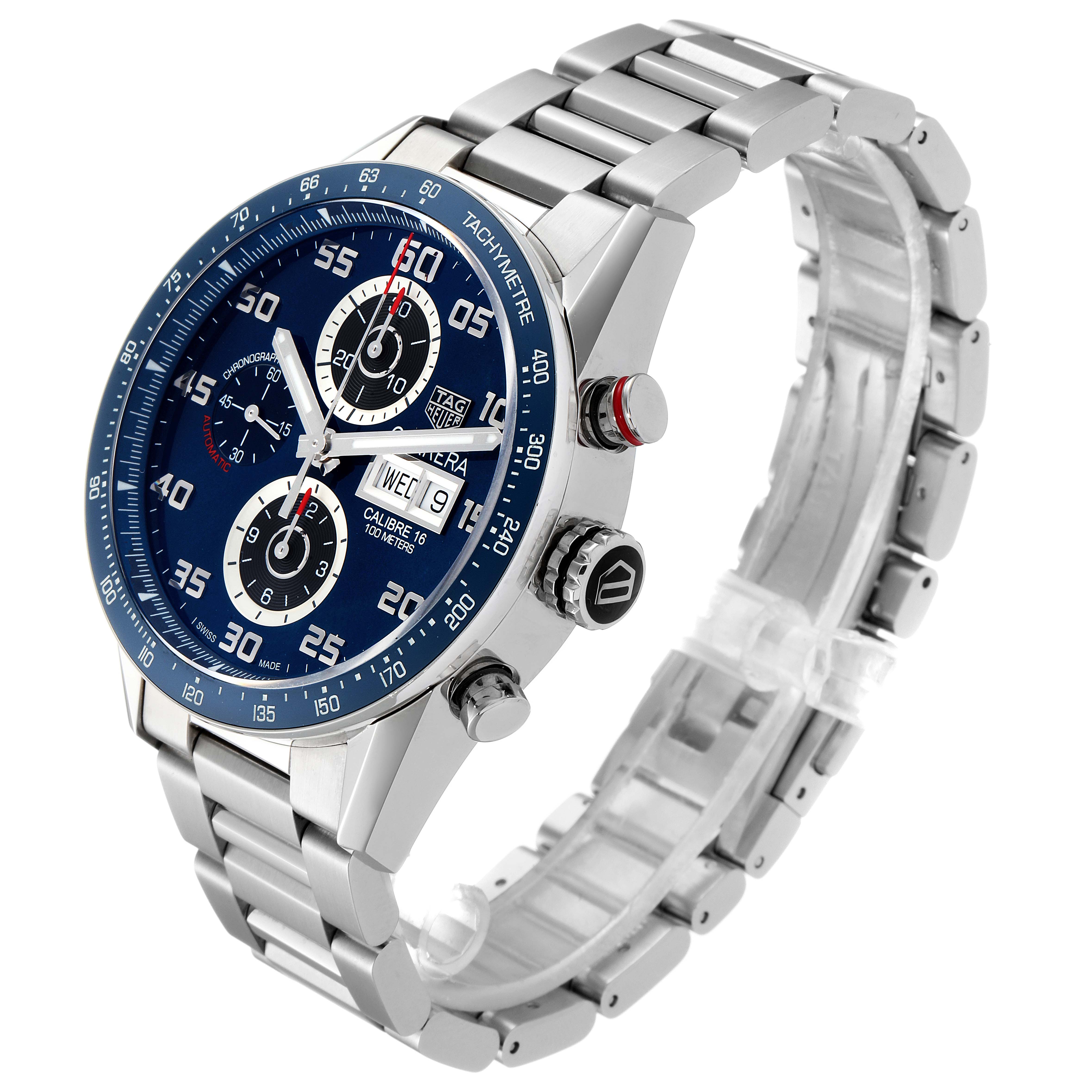 This image shows a side angle of the Tag Heuer Carrera CV2A1V.BA0738 Men's Stainless Steel Blue Dial CV2A1V.BA0738 Men's Stainless Steel Blue Dial watch, highlighting its blue dial, chronograph, and stainless steel bracelet.