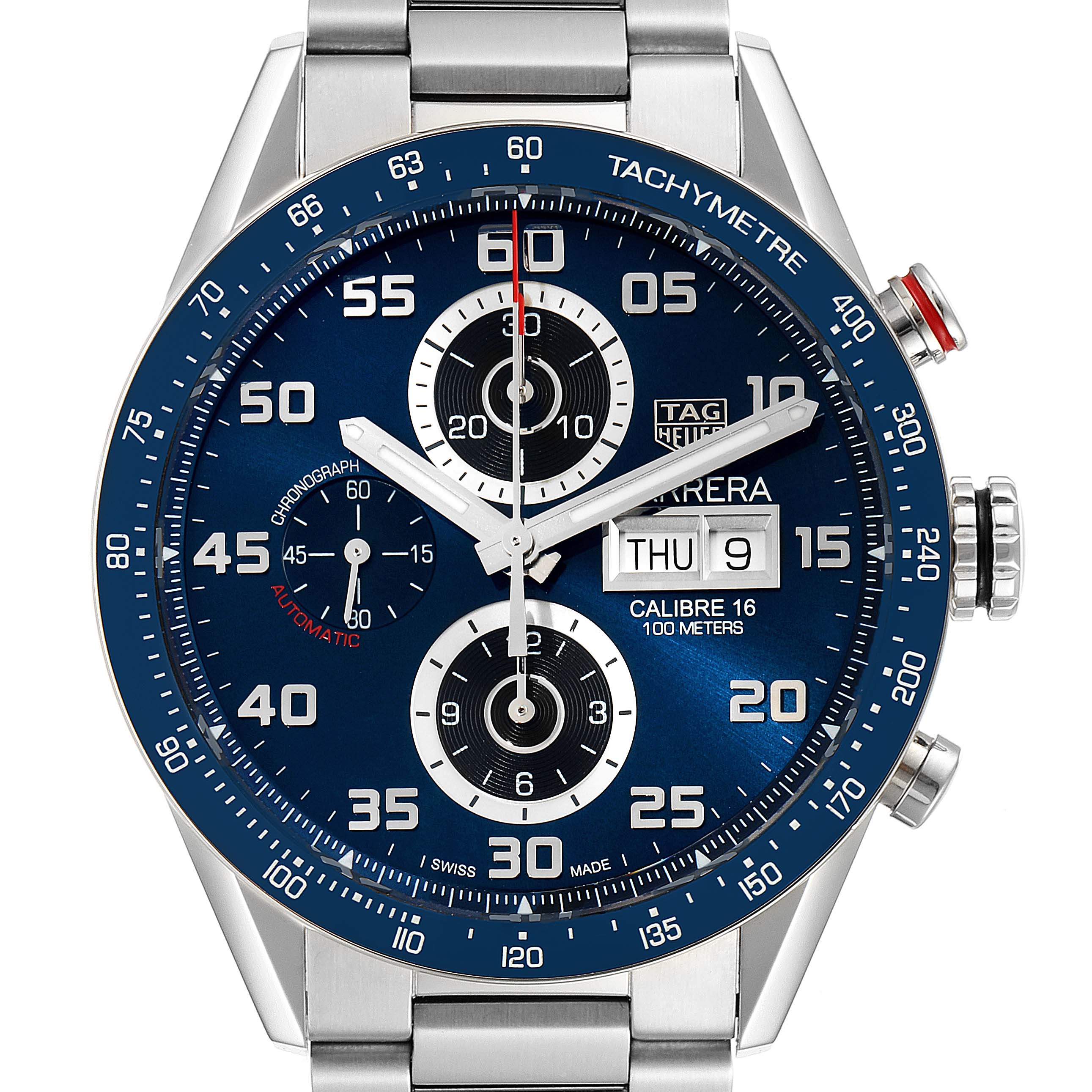 The image shows a front view of a Tag Heuer Carrera CV2A1V.BA0738 Men's Stainless Steel Blue Dial CV2A1V.BA0738 Men's Stainless Steel Blue Dial watch, highlighting the blue dial, chronographs, and tachymeter bezel.