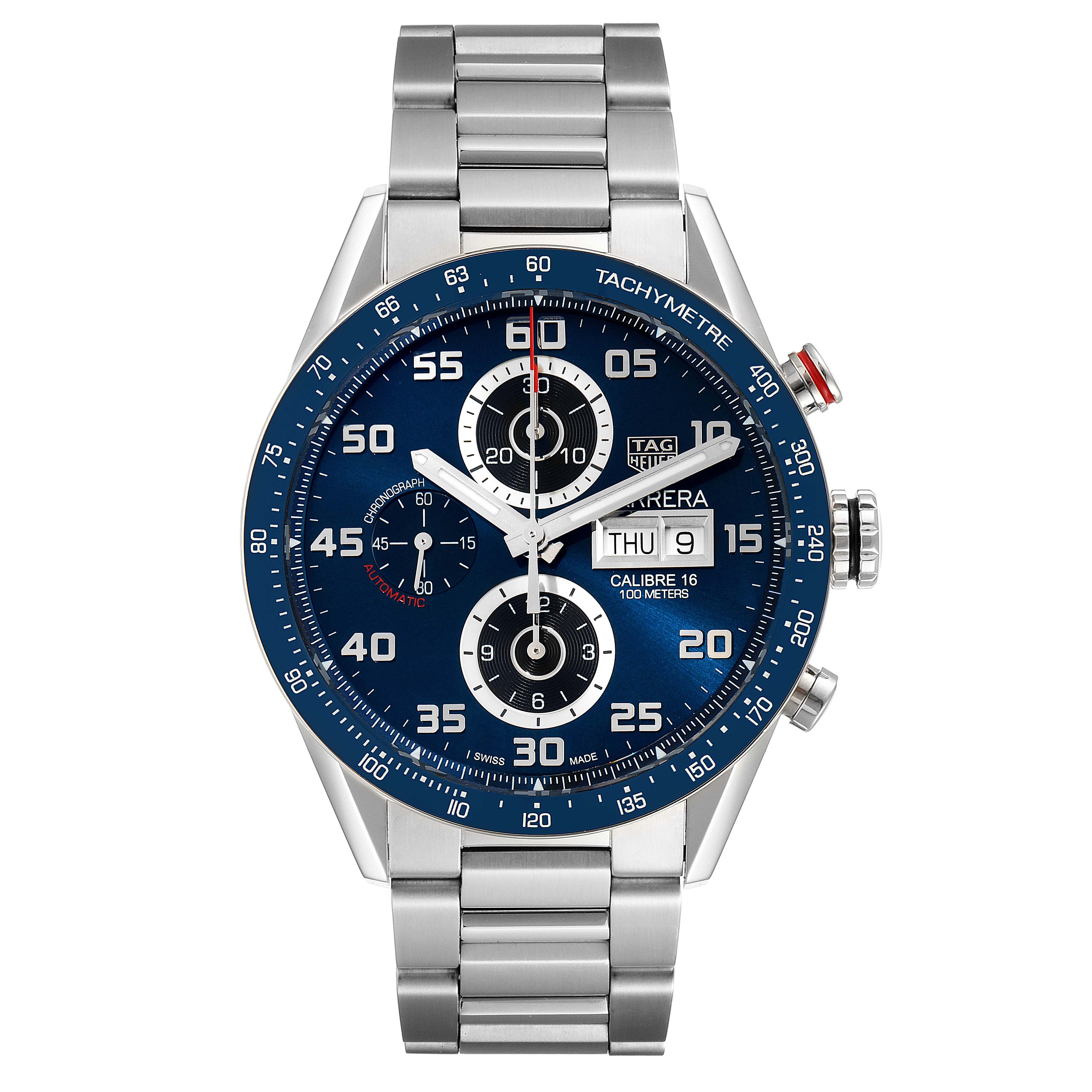 This image shows a Tag Heuer Carrera CV2A1V.BA0738 Men's Stainless Steel Blue Dial CV2A1V.BA0738 Men's Stainless Steel Blue Dial watch in a frontal view, displaying its chronograph features, blue dial, and metal bracelet.