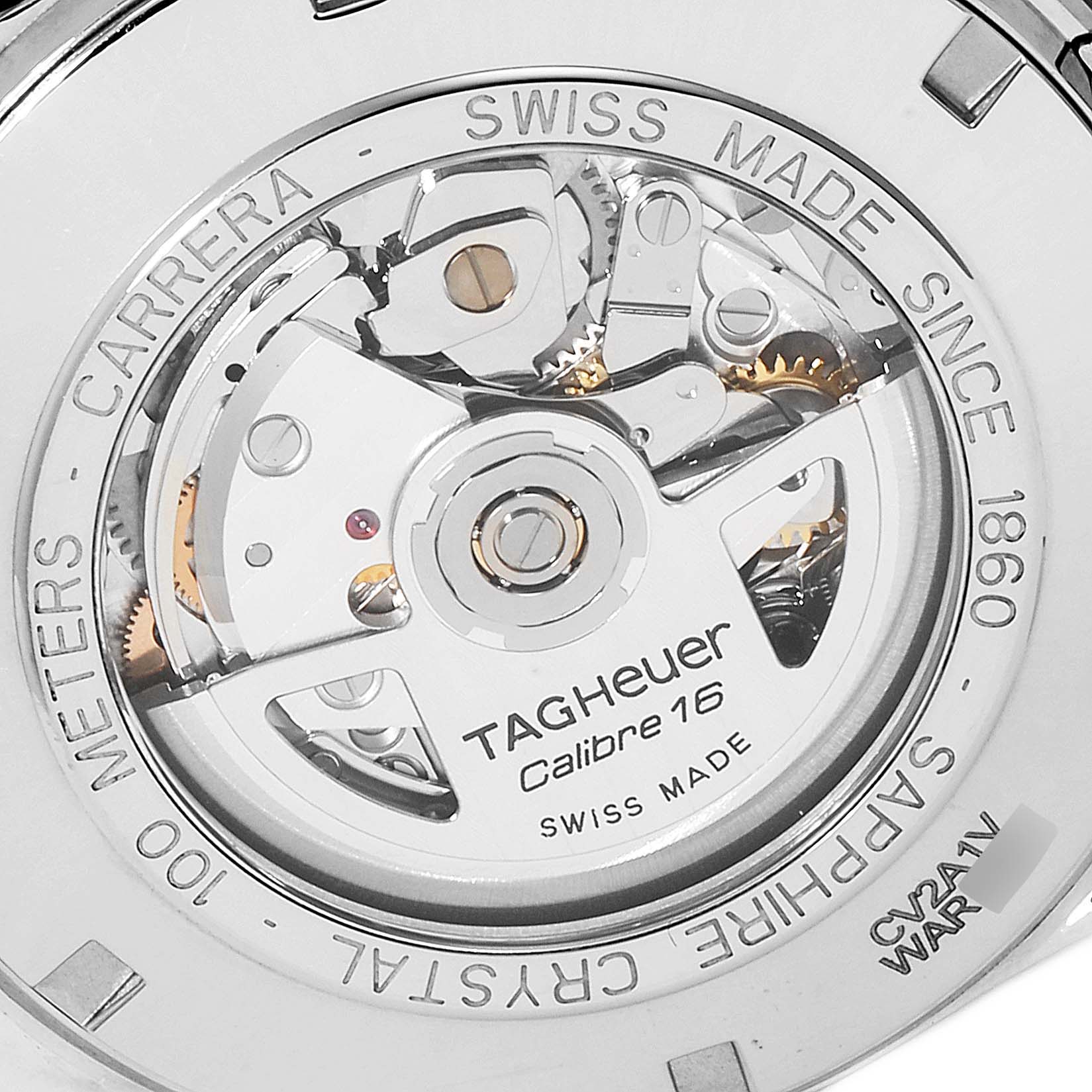 The image shows the backside of the Tag Heuer Carrera CV2A1V.BA0738 Men's Stainless Steel Blue Dial CV2A1V.BA0738 Men's Stainless Steel Blue Dial watch, highlighting its open caseback, exposing the Calibre 16 automatic movement.