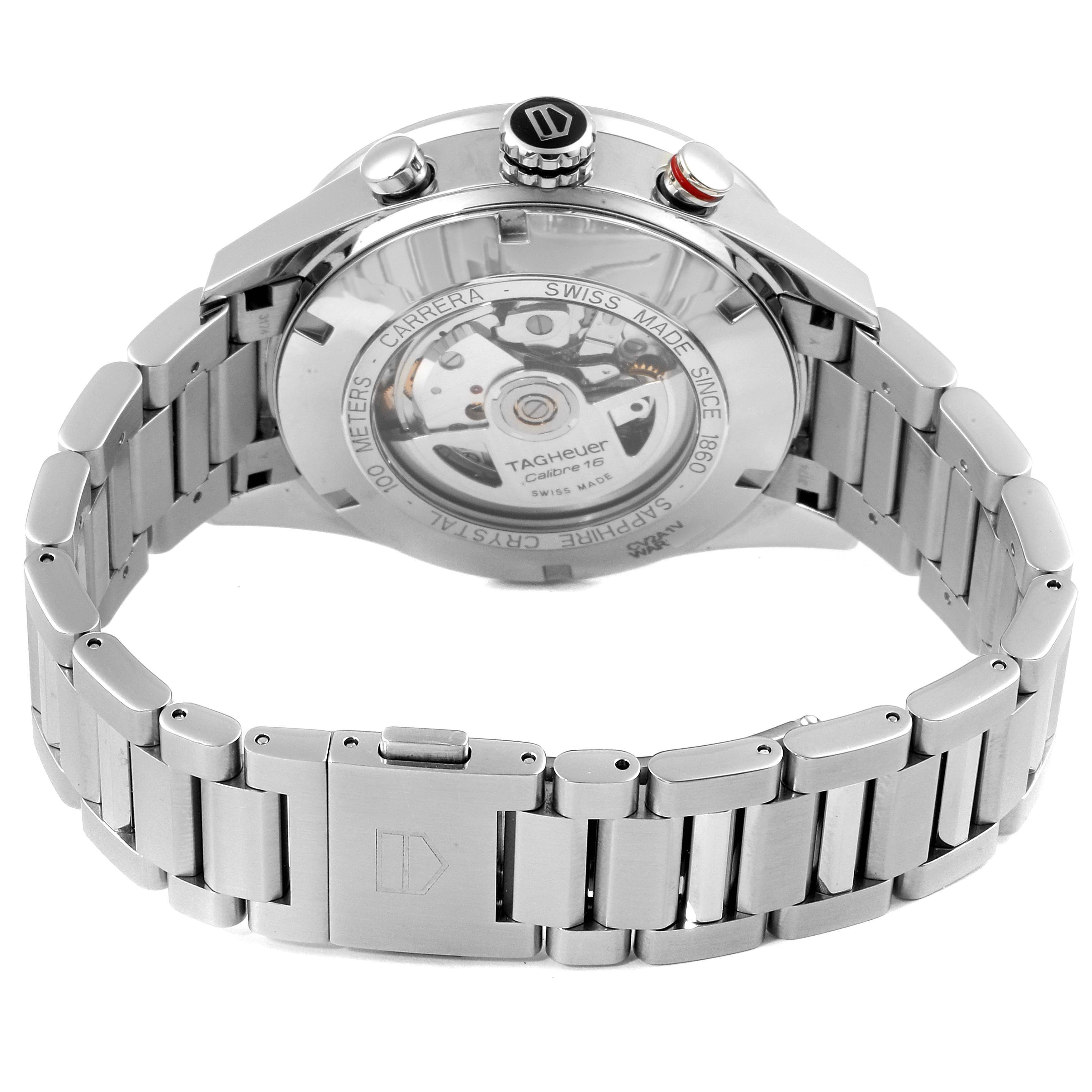 The image shows the back and side view of the Carrera model by Tag Heuer, highlighting the watch mechanism and stainless steel bracelet.