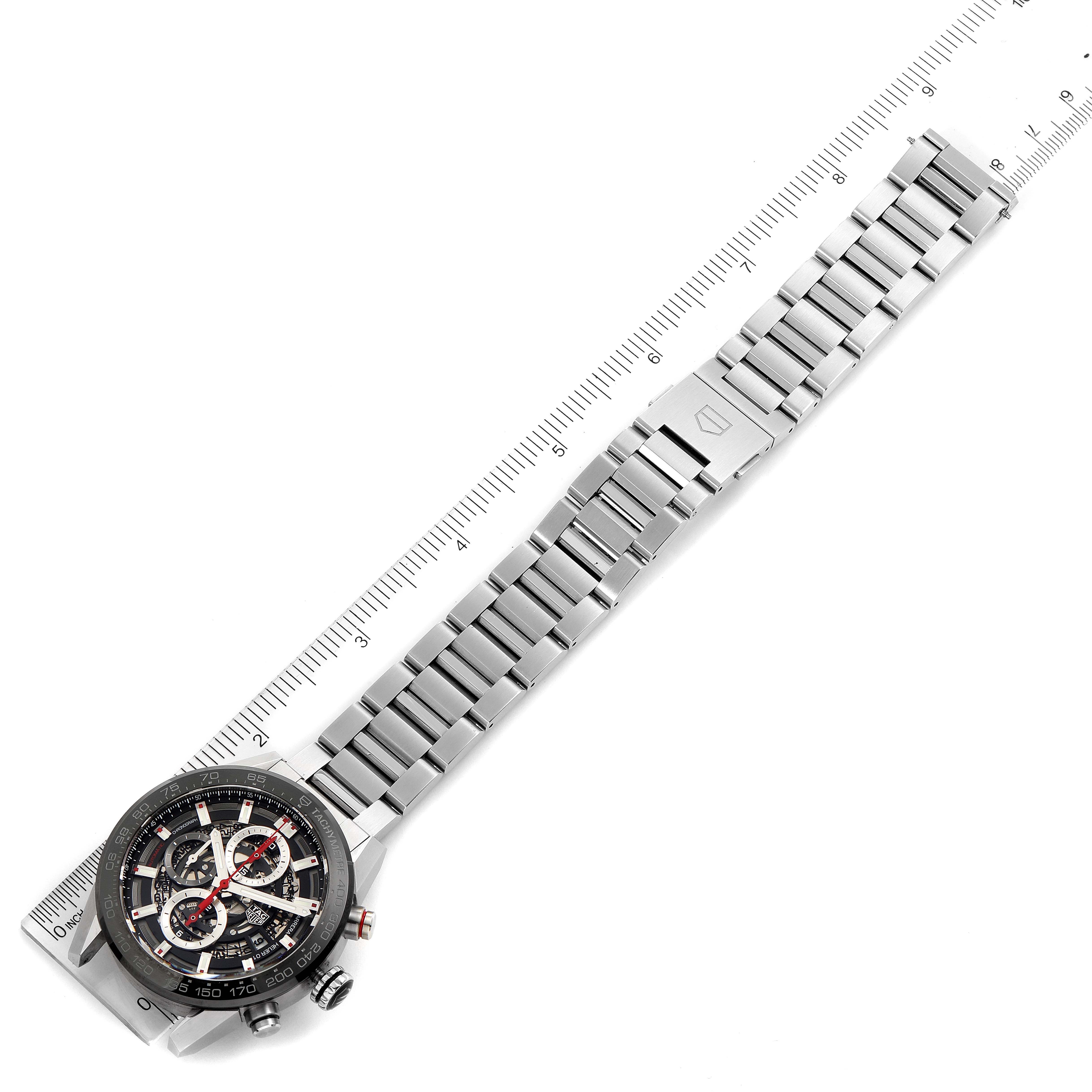 This image shows a top-down view of the Tag Heuer Carrera CAR201V.BA0714 Men
s Stainless Steel Black Dial CAR201V.BA0714 Men
s Stainless Steel Black Dial watch, featuring its face and full metal bracelet.