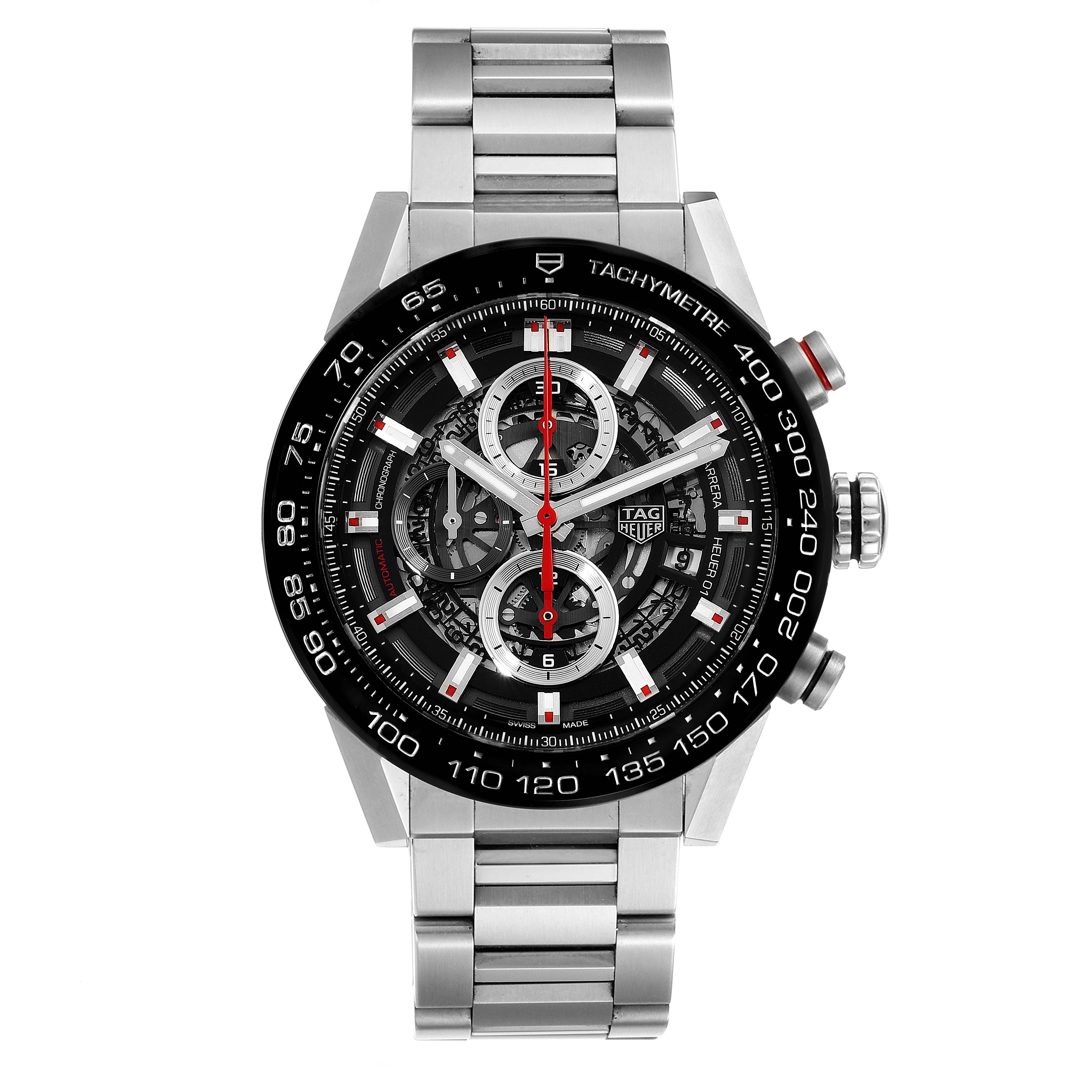 The image shows a front view of the Tag Heuer Carrera CAR201V.BA0714 Men
s Stainless Steel Black Dial CAR201V.BA0714 Men
s Stainless Steel Black Dial watch, displaying its dial, bezel, and stainless steel bracelet.