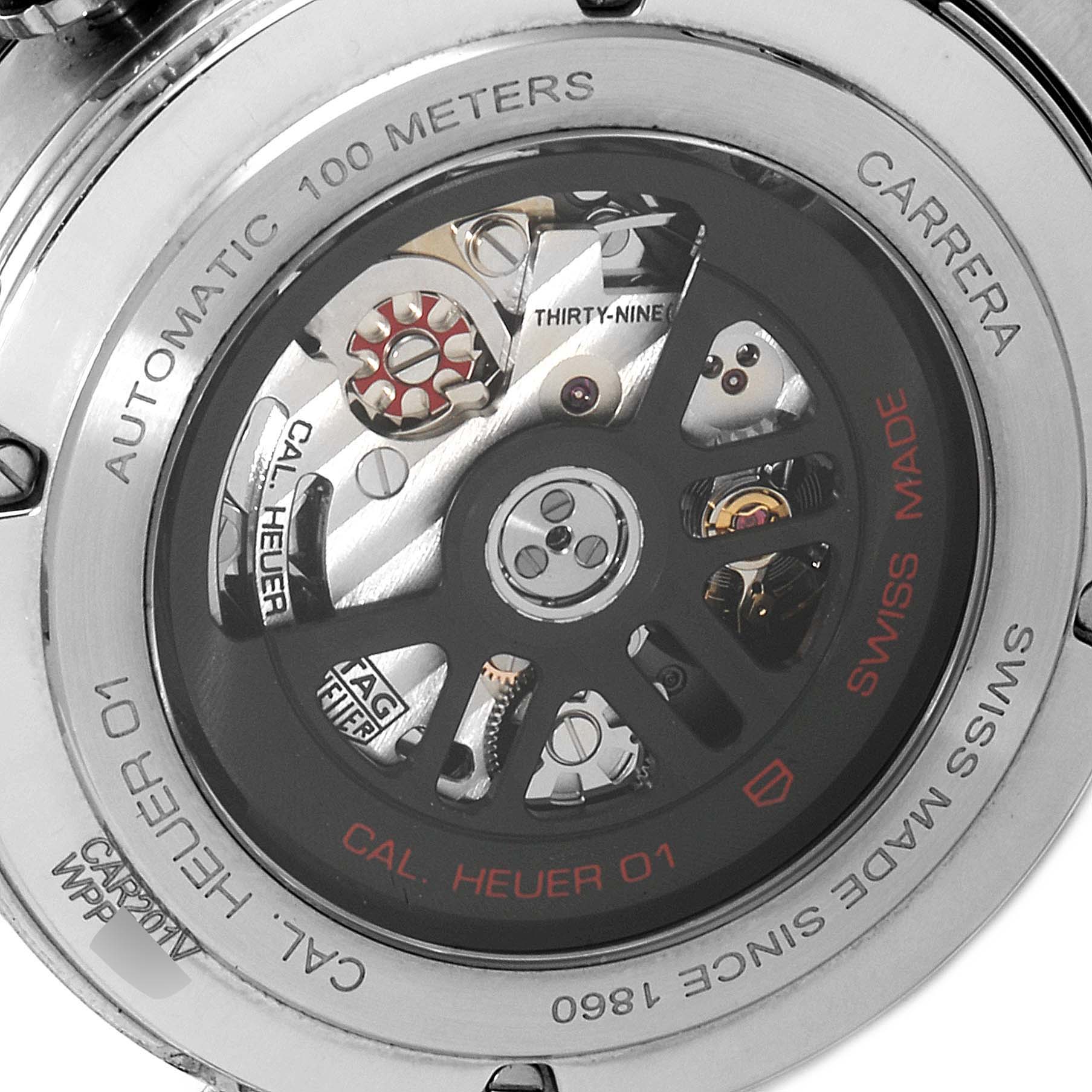 The image shows the back view of the Tag Heuer Carrera CAR201V.BA0714 Men
s Stainless Steel Black Dial CAR201V.BA0714 Men
s Stainless Steel Black Dial, highlighting the automatic movement and intricate internal mechanisms.