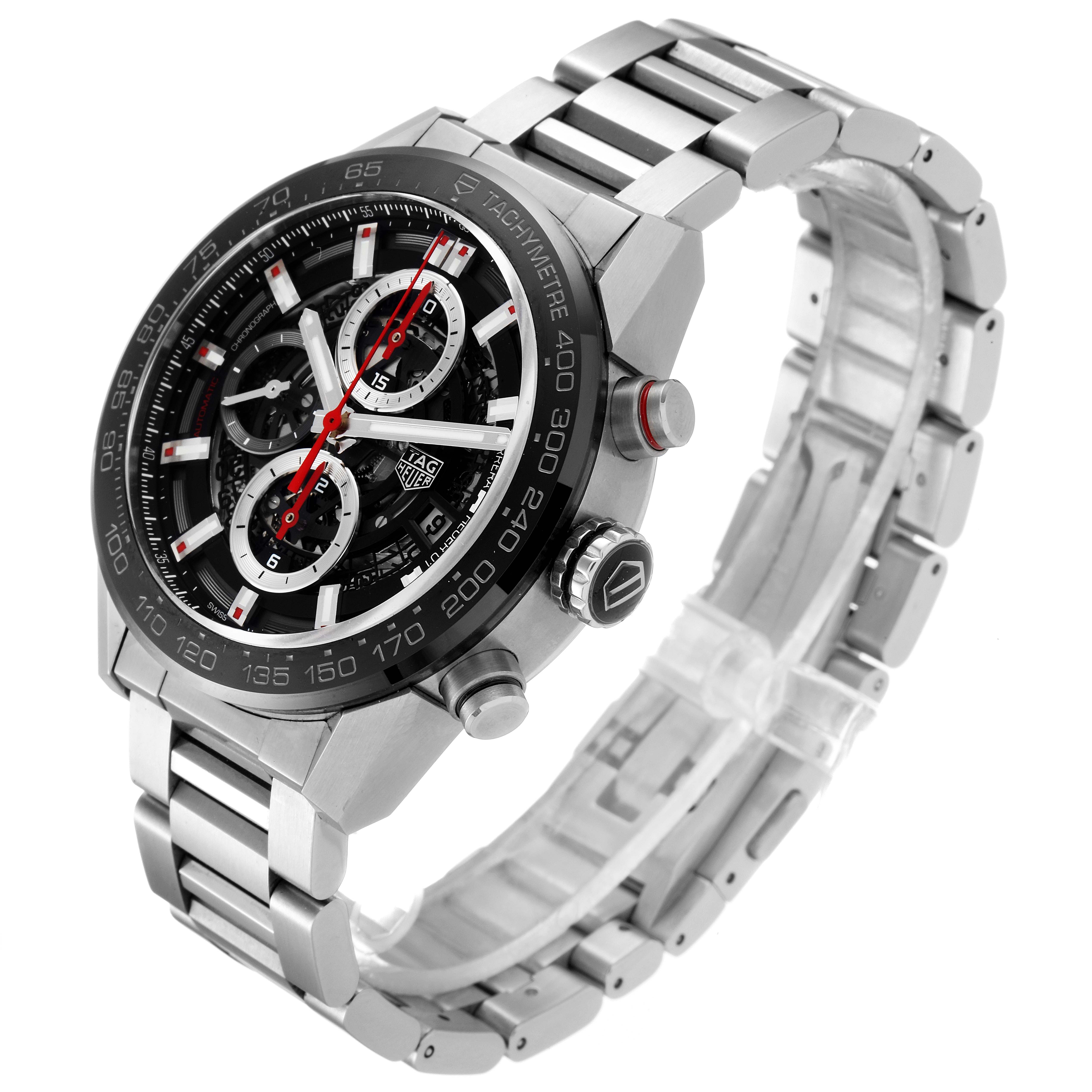 The Tag Heuer Carrera CAR201V.BA0714 Men
s Stainless Steel Black Dial CAR201V.BA0714 Men
s Stainless Steel Black Dial watch is shown at an oblique angle, displaying its face, bezel, and stainless steel bracelet.