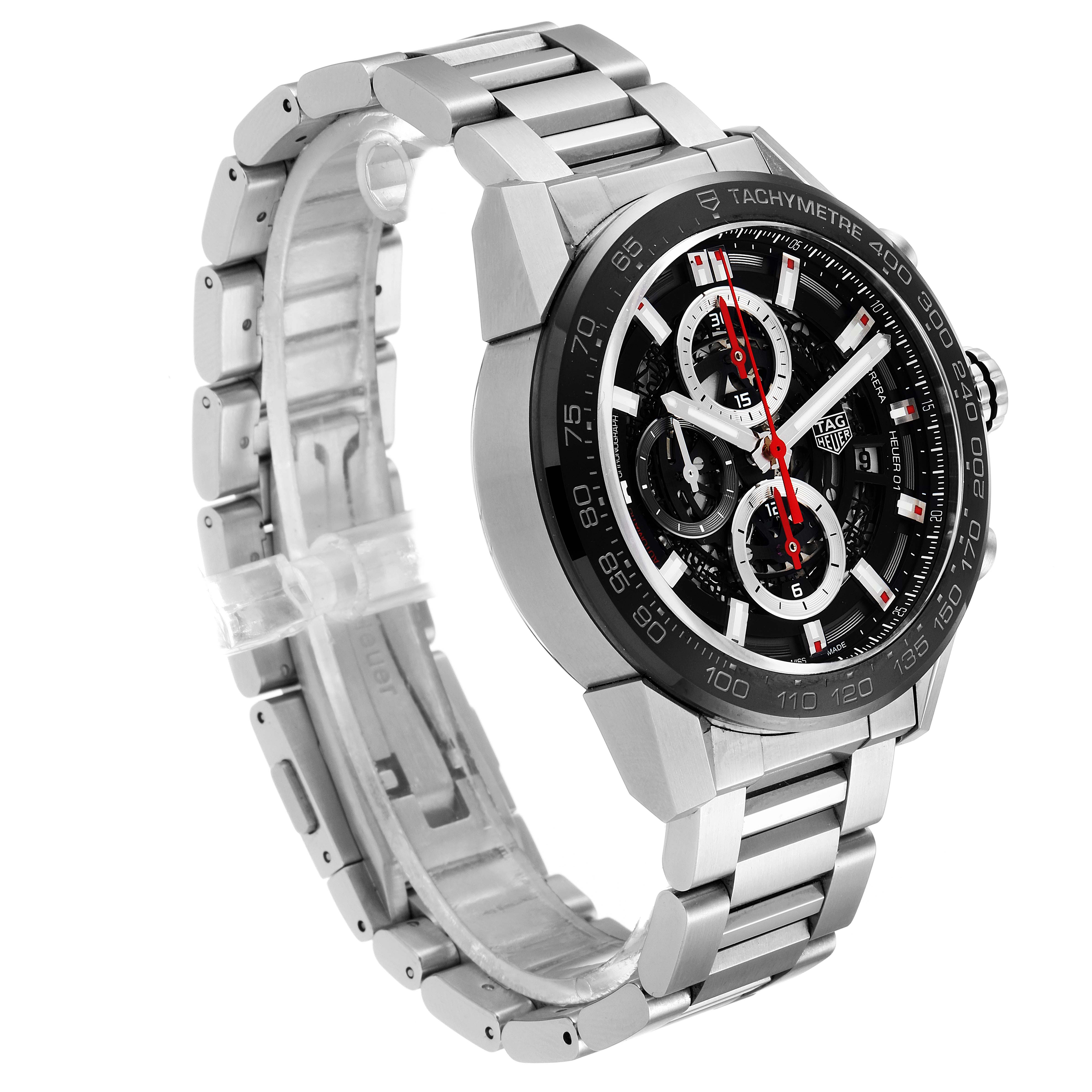 The Tag Heuer Carrera CAR201V.BA0714 Men
s Stainless Steel Black Dial CAR201V.BA0714 Men
s Stainless Steel Black Dial model watch is shown from a side angle, featuring its metallic strap and detailed tachymeter dial.