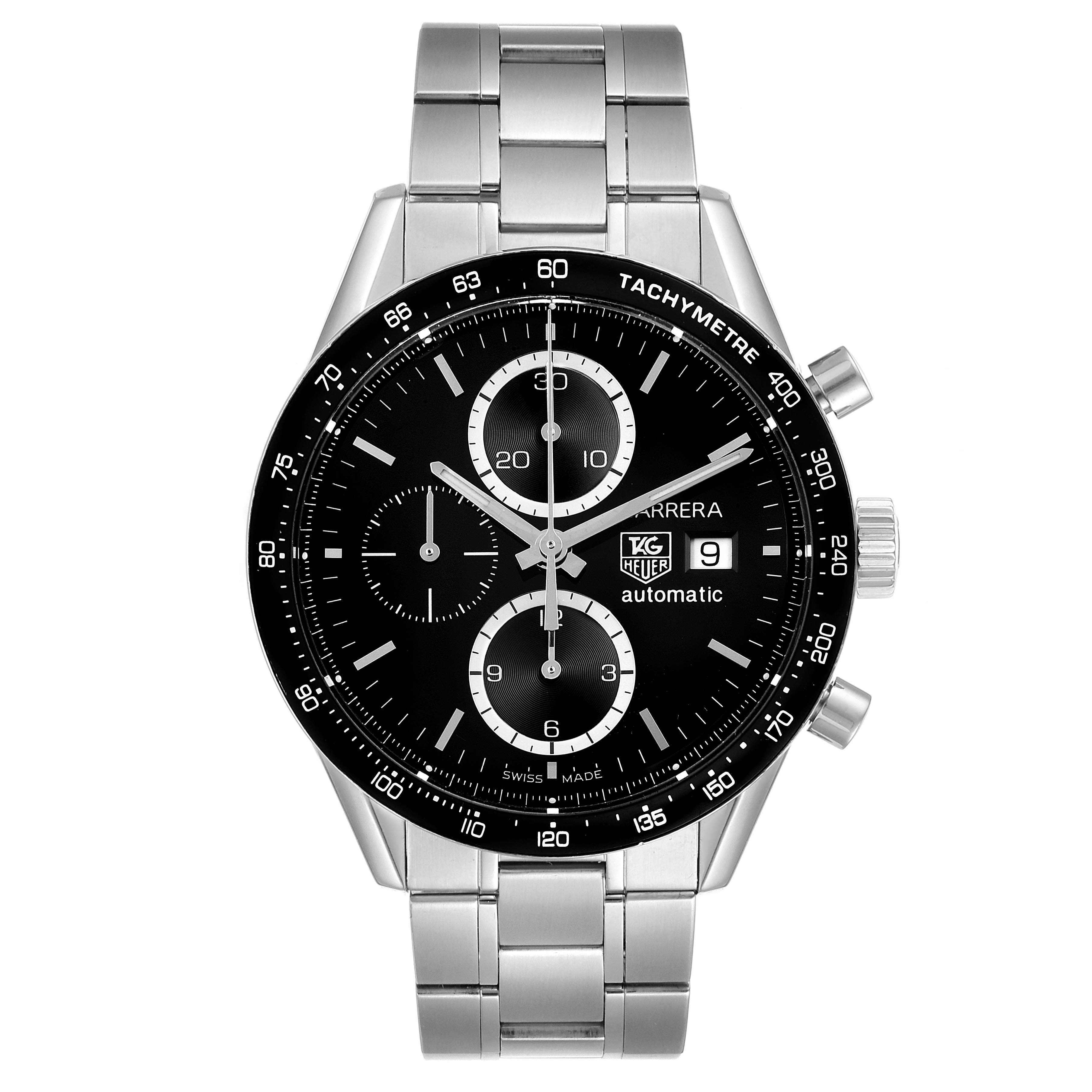 The image shows a frontal view of the Tag Heuer Carrera CV2010 Men
s Stainless Steel Black Dial CV2010 Men
s Stainless Steel Black Dial model watch with a metal bracelet and a tachymeter bezel.