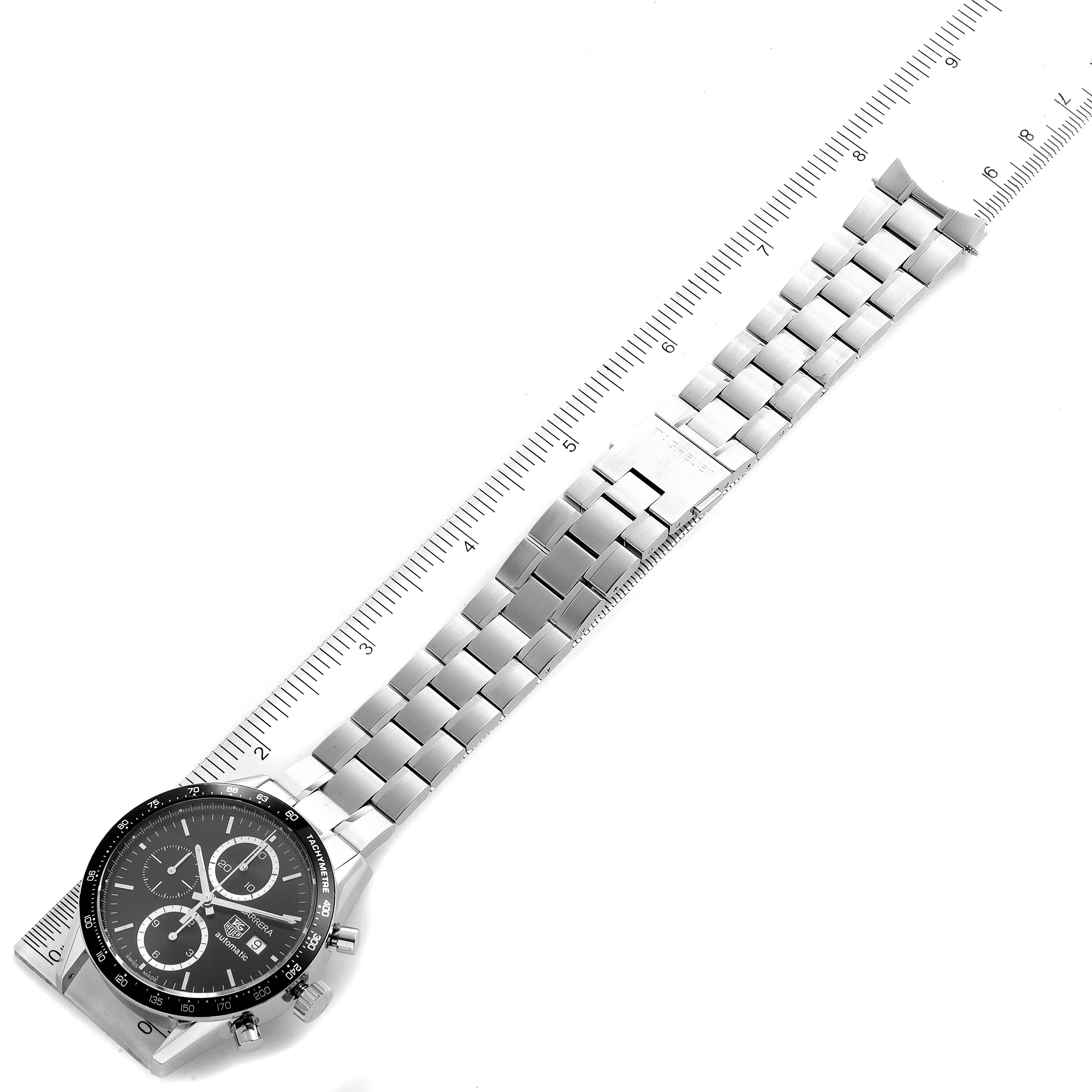 The image shows the full length of a Tag Heuer Carrera CV2010 Men
s Stainless Steel Black Dial CV2010 Men
s Stainless Steel Black Dial watch, including its face and metal bracelet, aligned with a ruler.
