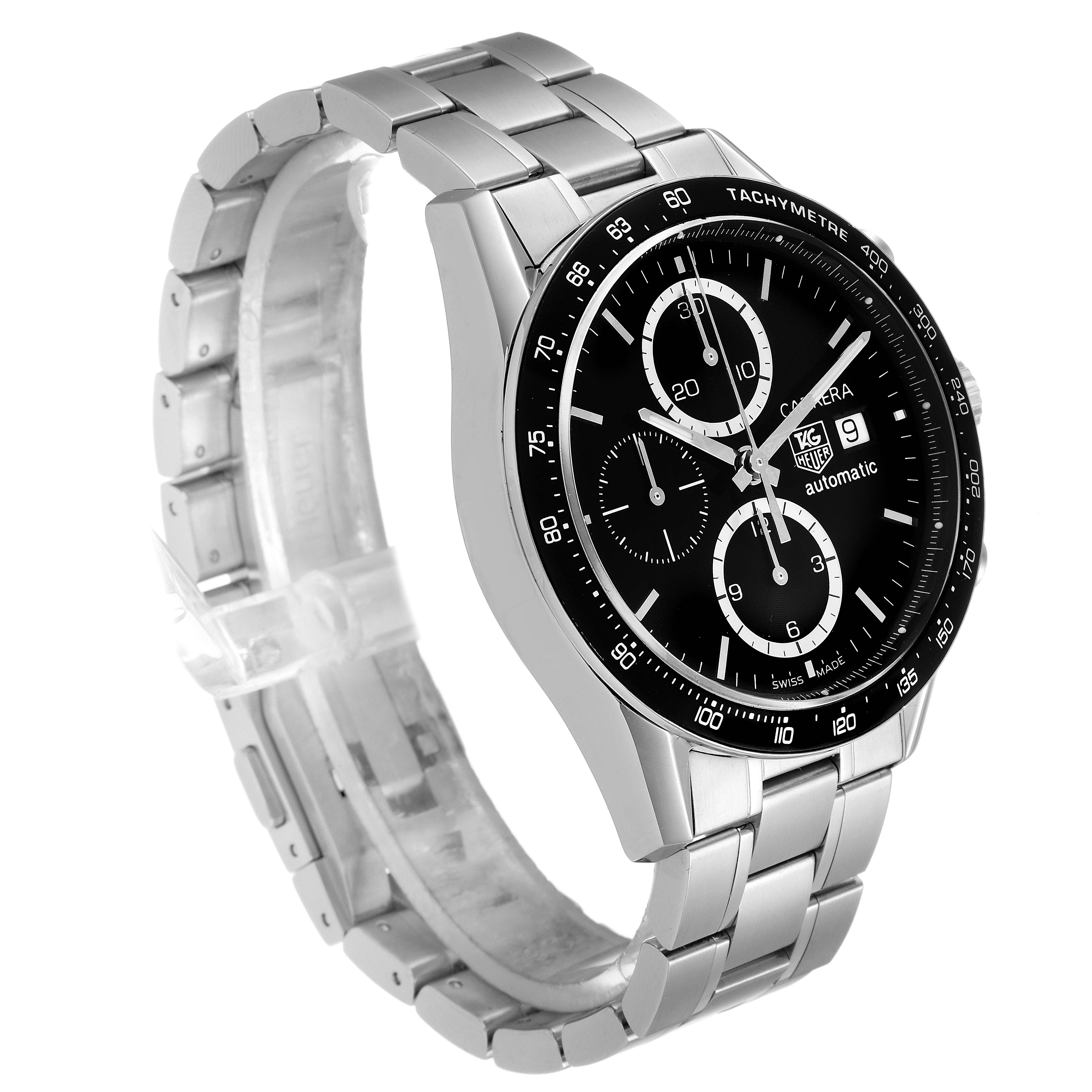 This Tag Heuer Carrera CV2010 Men
s Stainless Steel Black Dial CV2010 Men
s Stainless Steel Black Dial watch is shown at a three-quarter angle, displaying the face, bezel, and stainless steel bracelet.