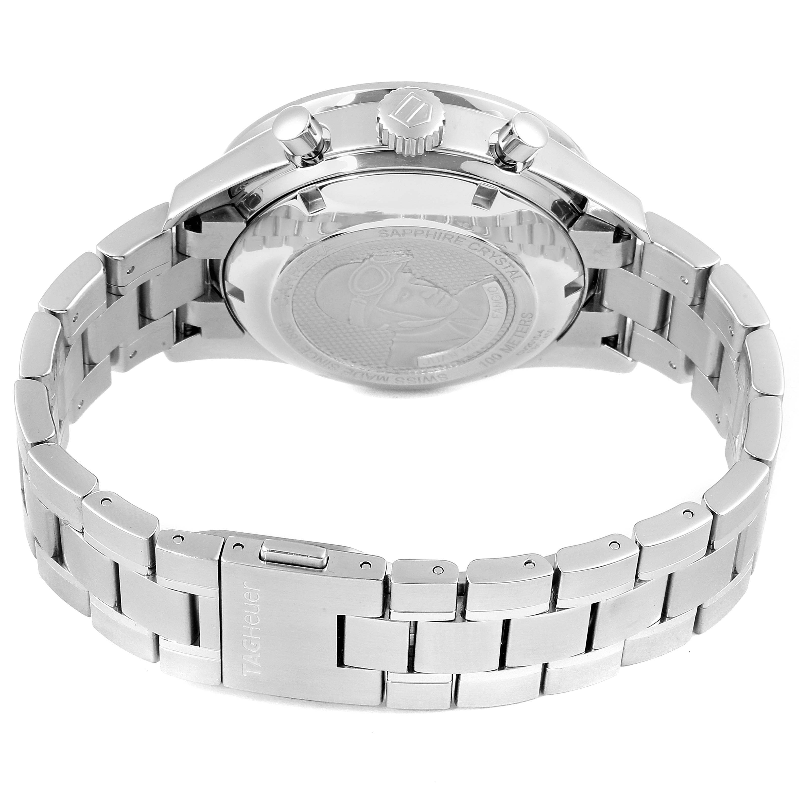 The image shows the back case and band of a Tag Heuer Carrera CV2010 Men
s Stainless Steel Black Dial CV2010 Men
s Stainless Steel Black Dial watch, highlighting the clasp and buttons.