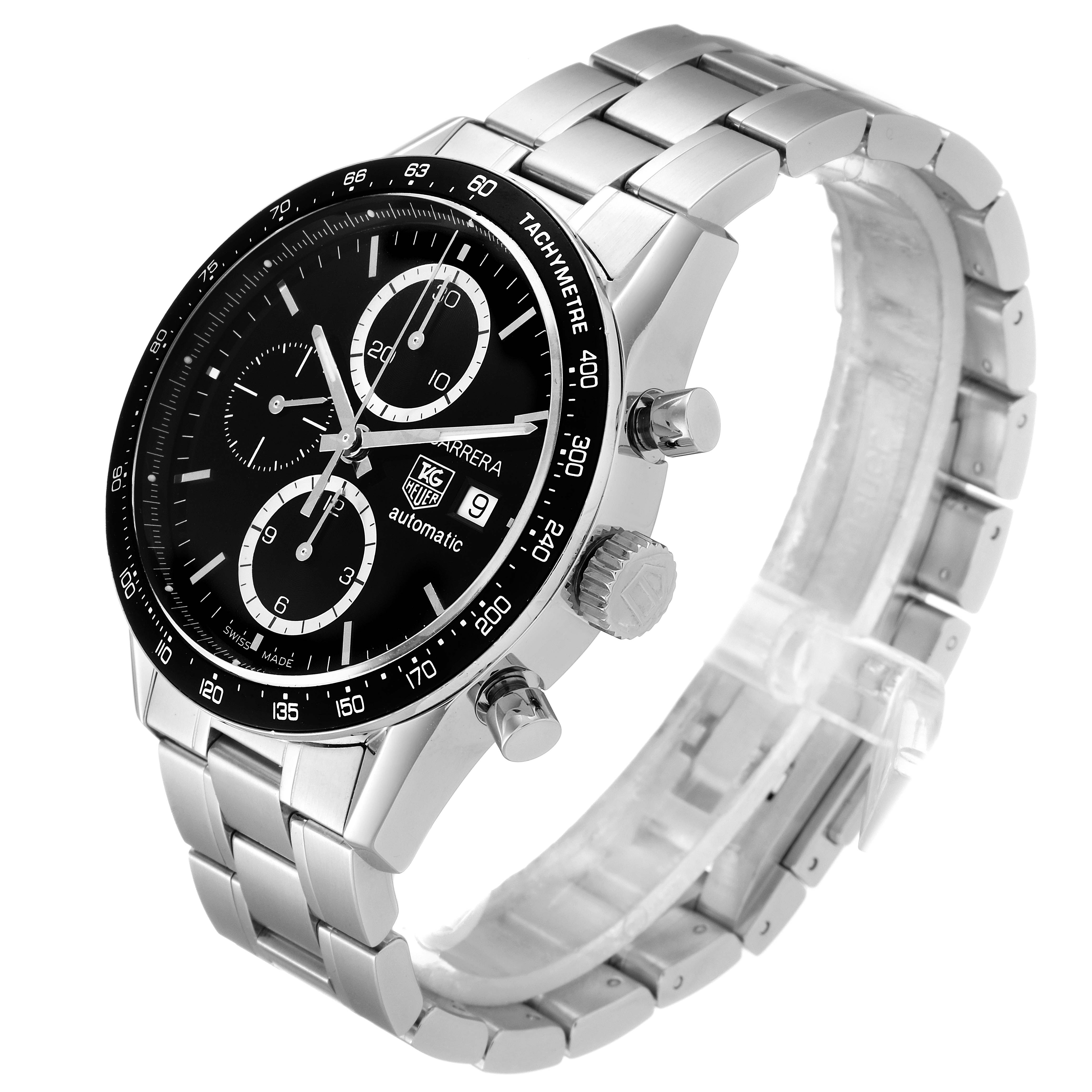 The Tag Heuer Carrera CV2010 Men
s Stainless Steel Black Dial CV2010 Men
s Stainless Steel Black Dial watch is shown at an angle, displaying its face, tachymeter bezel, and metal bracelet.