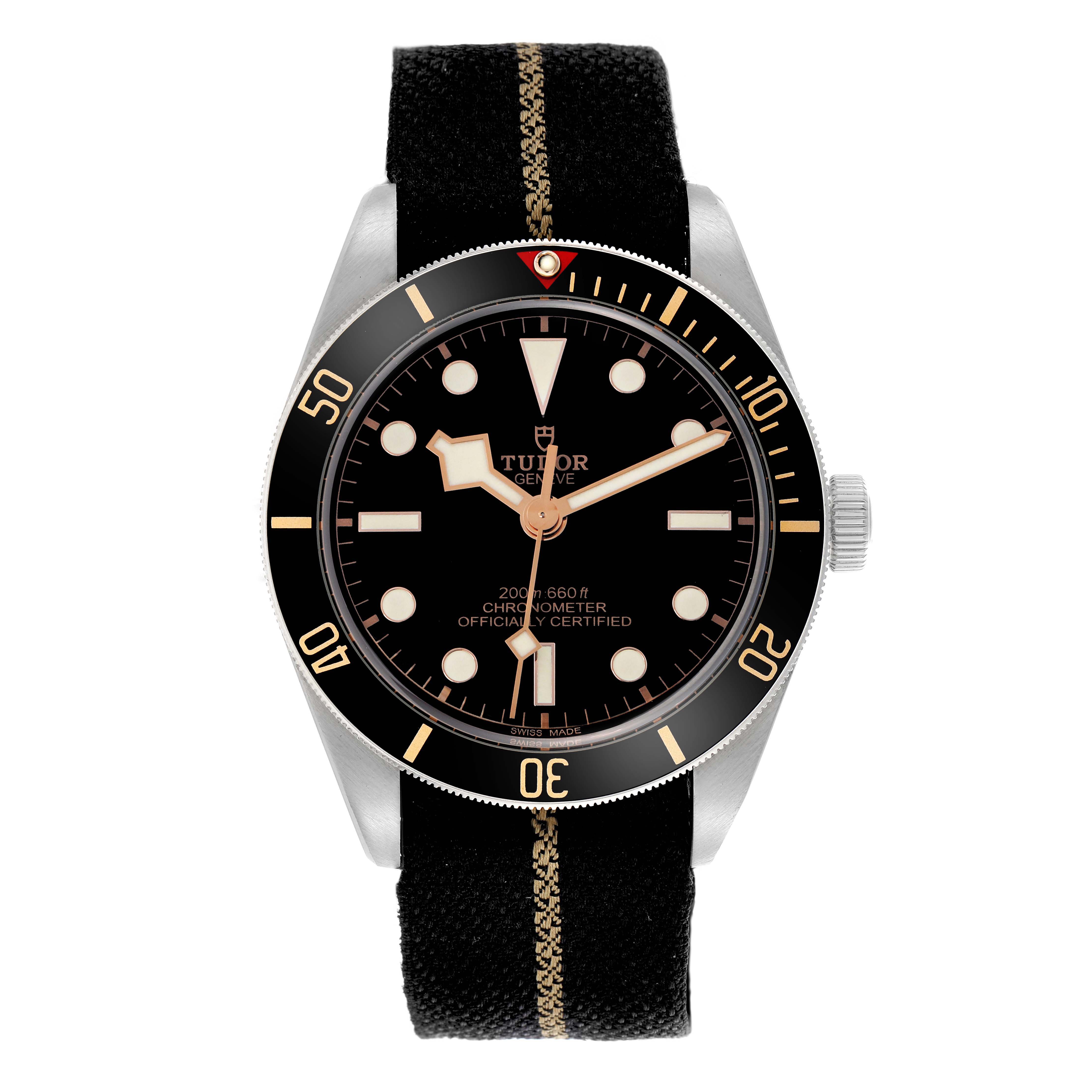 The image shows a front view of the Tudor Heritage Black Bay 79030 Men
s Stainless Steel Black Dial 79030 Men
s Stainless Steel Black Dial watch, displaying the face, bezel, and strap.