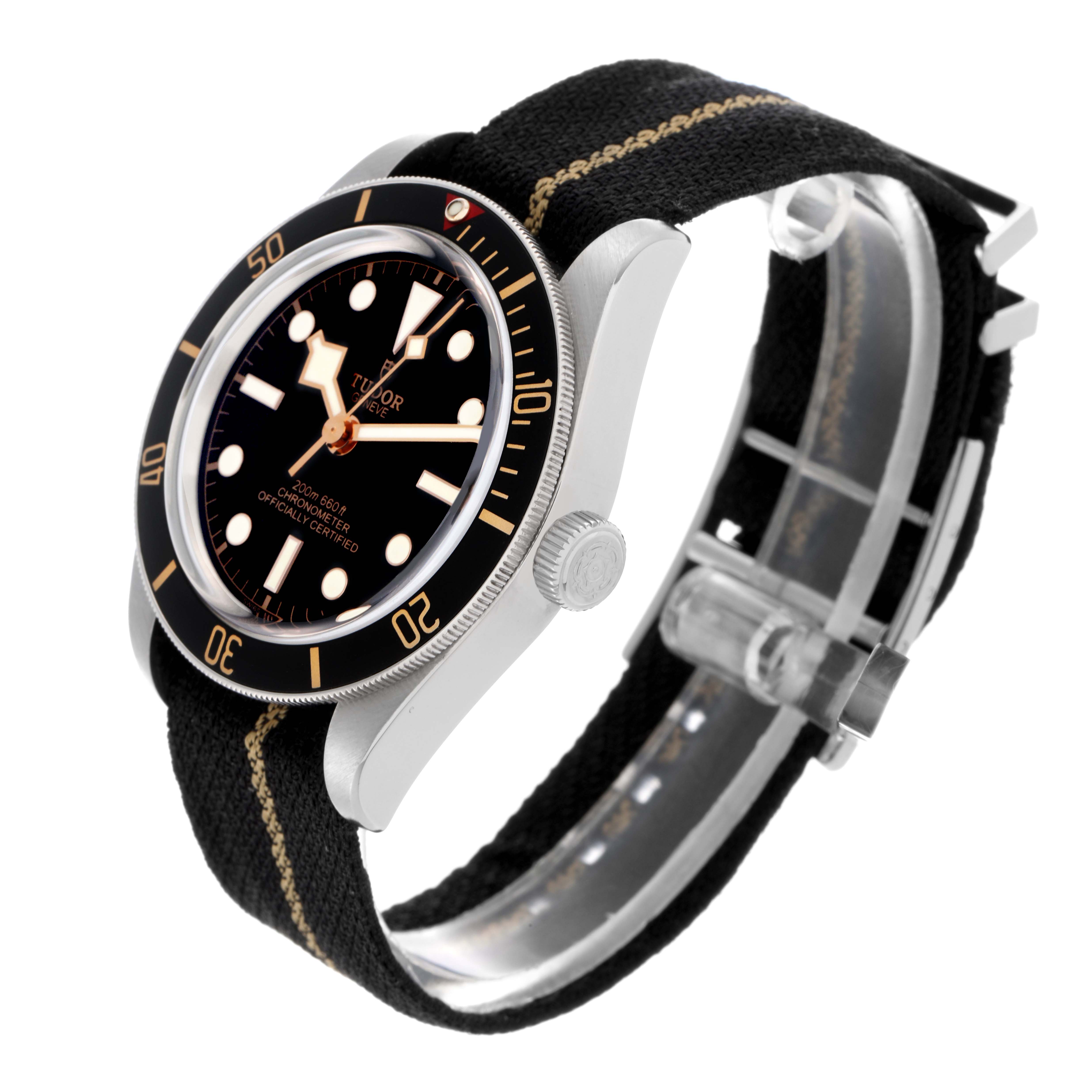 The Tudor Heritage Black Bay 79030 Men
s Stainless Steel Black Dial 79030 Men
s Stainless Steel Black Dial watch is shown at a three-quarter angle, highlighting the dial, bezel, case, and fabric strap.