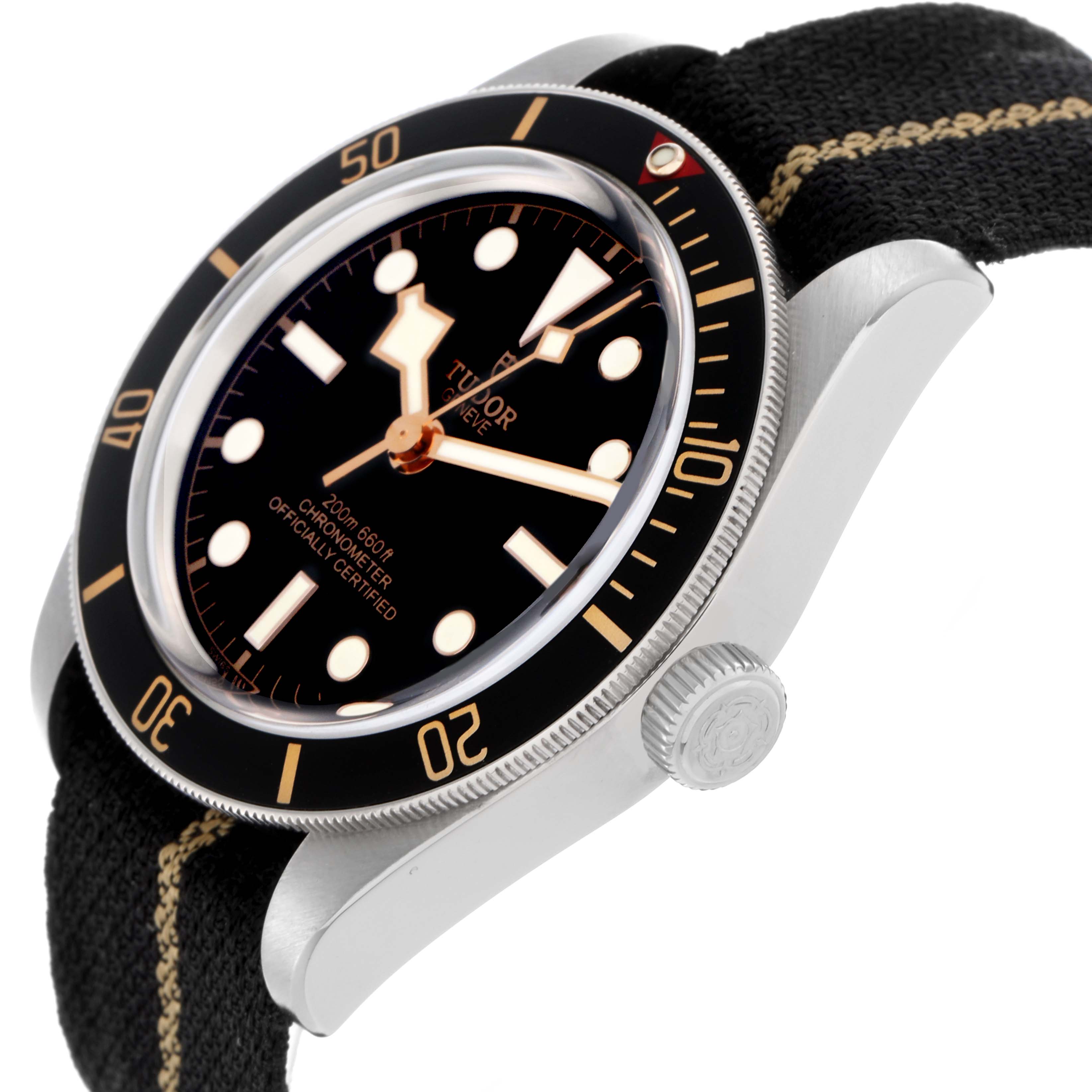 The Tudor Heritage Black Bay 79030 Men
s Stainless Steel Black Dial 79030 Men
s Stainless Steel Black Dial watch is shown at a slight angle displaying the face, bezel, crown, and part of the strap.