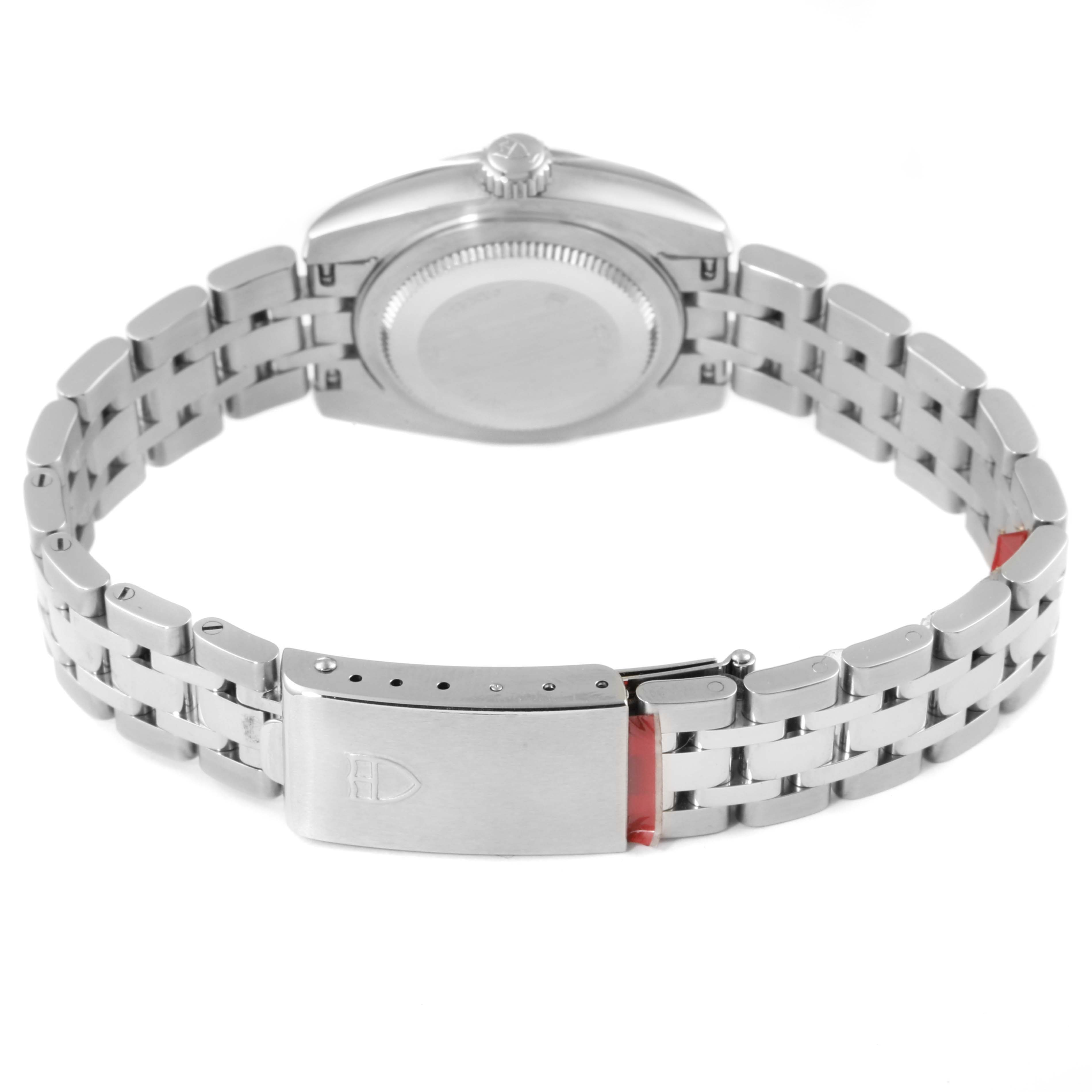 The image shows the back view of the Tudor Classic 22010 Women
s Stainless Steel White Dial 22010 Women
s Stainless Steel White Dial model watch, focusing on its case, bracelet, and clasp.