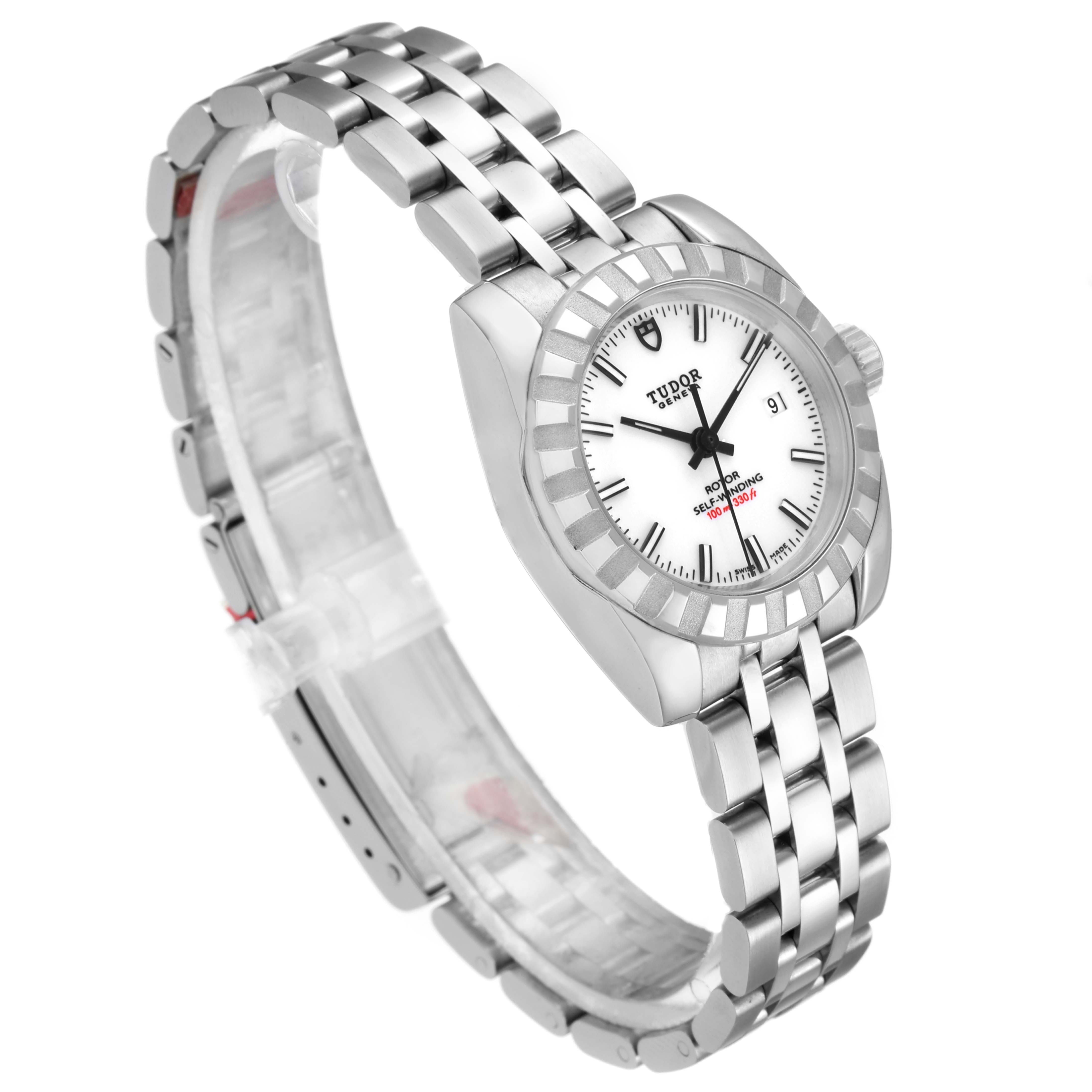 This image shows an angled view of a Tudor Classic 22010 Women
s Stainless Steel White Dial 22010 Women
s Stainless Steel White Dial model watch, displaying its face, bezel, crown, and metal bracelet.