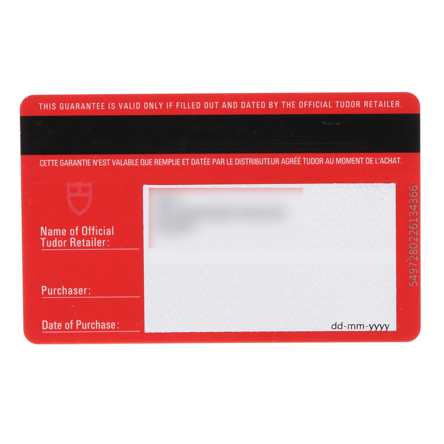 This is a warranty card for the Classic model by Tudor, shown from the front.