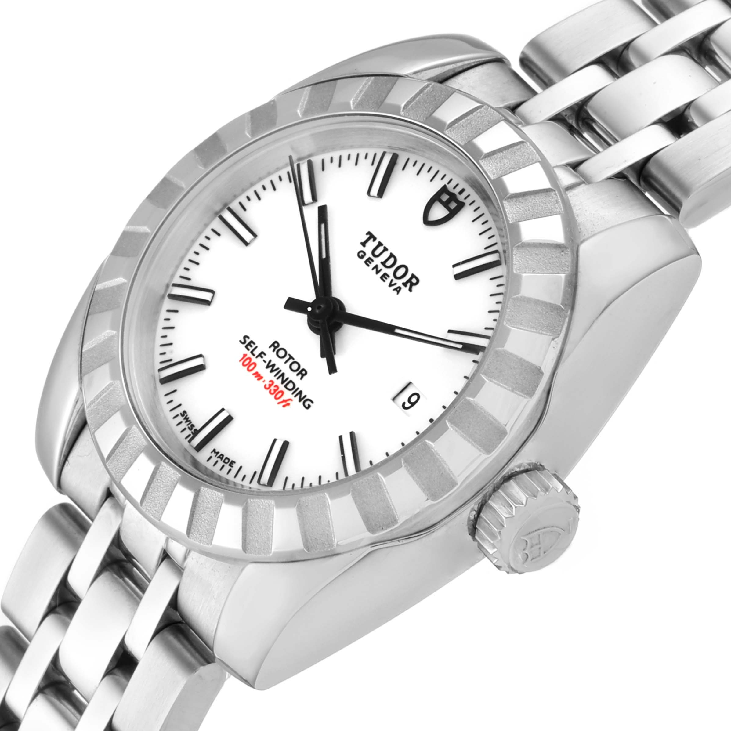 The image shows a Tudor Classic 22010 Women
s Stainless Steel White Dial 22010 Women
s Stainless Steel White Dial model watch at a slight angled view, highlighting the white dial, bezel, crown, and part of the bracelet.