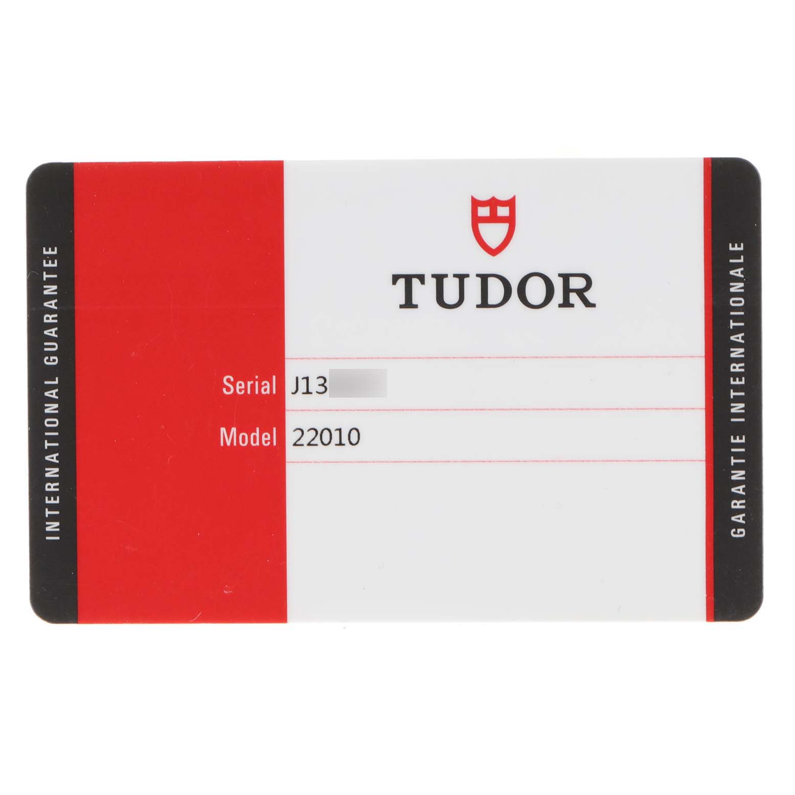 This image shows the International Guarantee card for the Tudor Classic 22010 Women
s Stainless Steel White Dial 22010 Women
s Stainless Steel White Dial model 22010 watch.