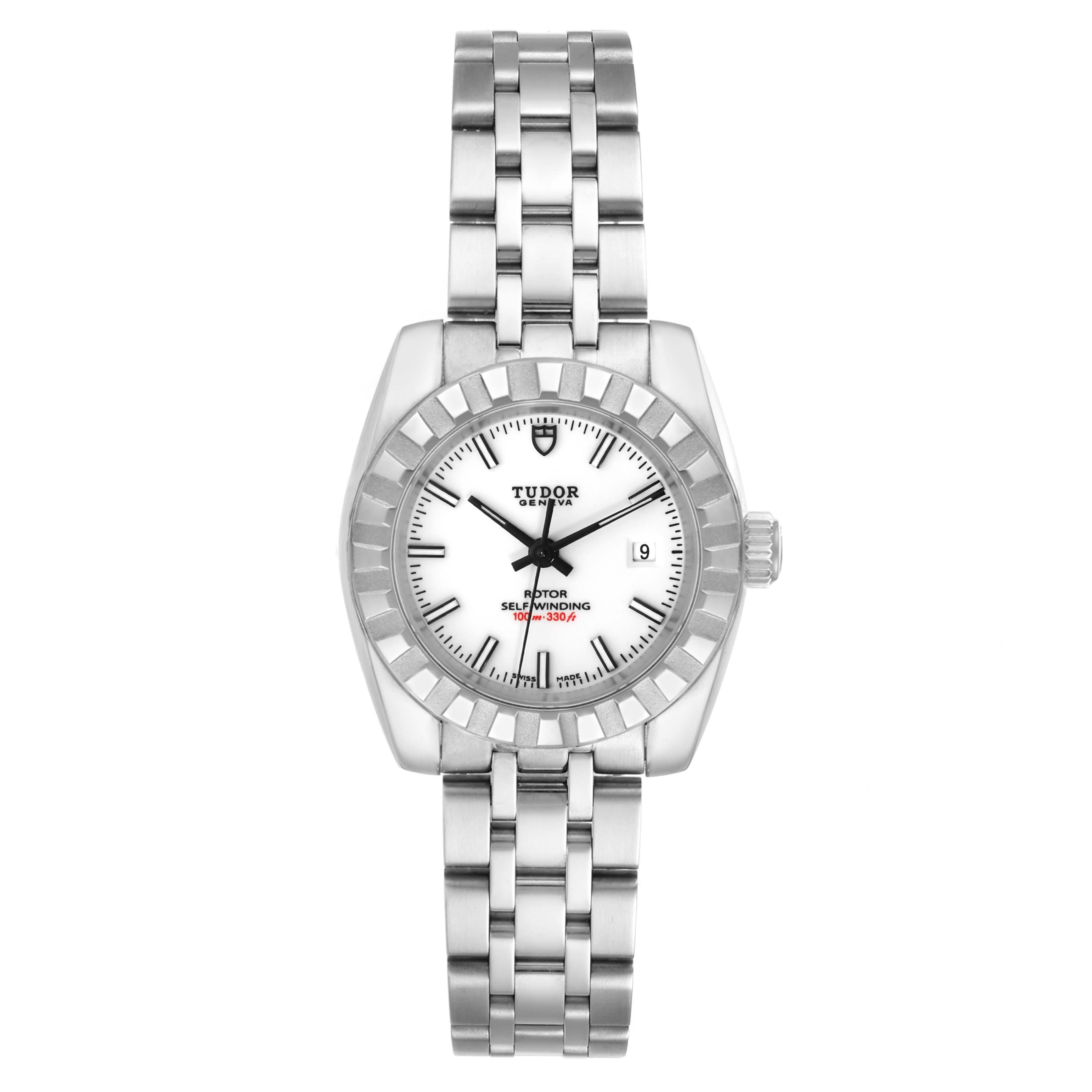 The image shows a frontal view of the Tudor Classic 22010 Women
s Stainless Steel White Dial 22010 Women
s Stainless Steel White Dial model watch, displaying its dial, bezel, bracelet, and crown.