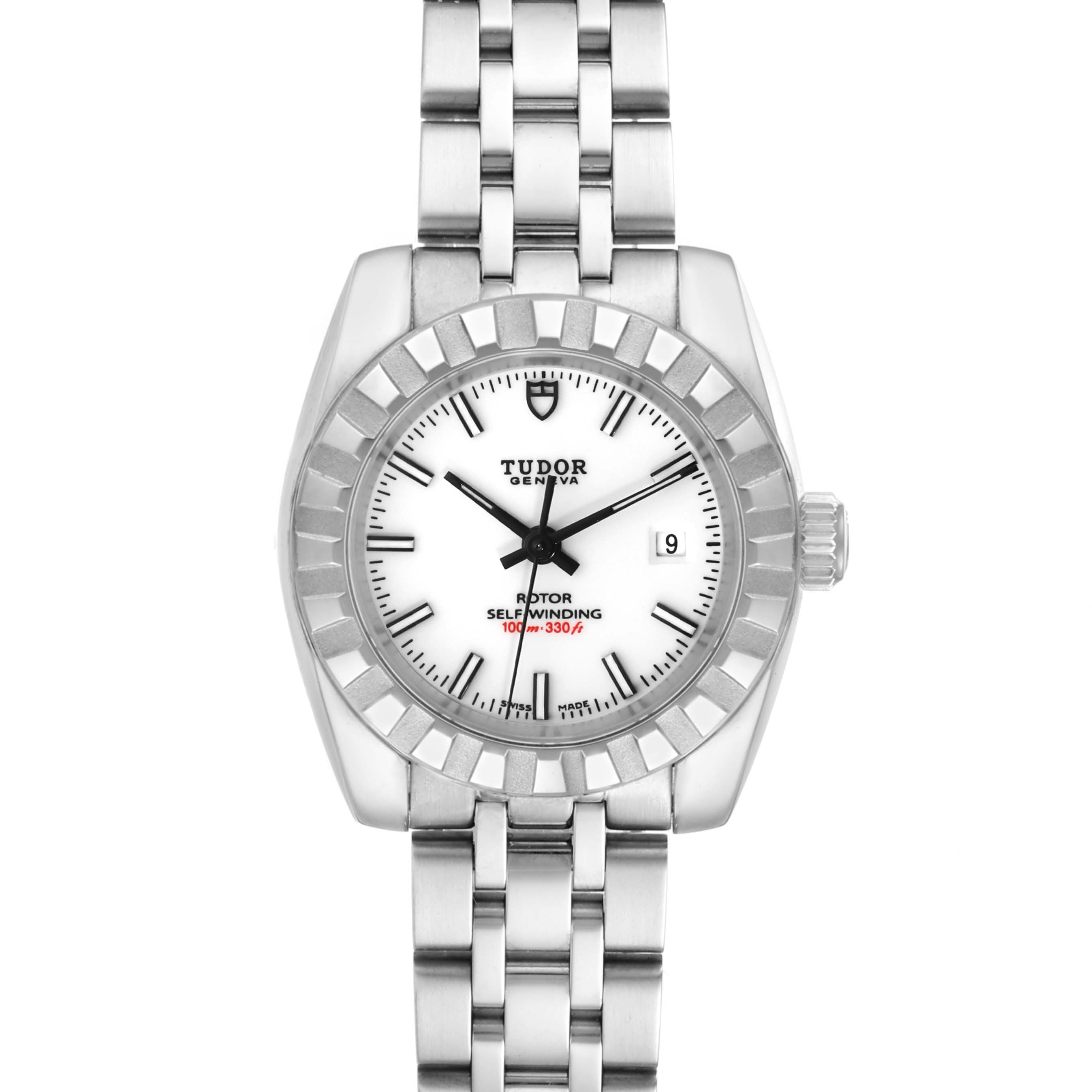 The image shows a front view of a Tudor Classic 22010 Women
s Stainless Steel White Dial 22010 Women
s Stainless Steel White Dial model watch, highlighting the dial, bezel, and part of the bracelet.