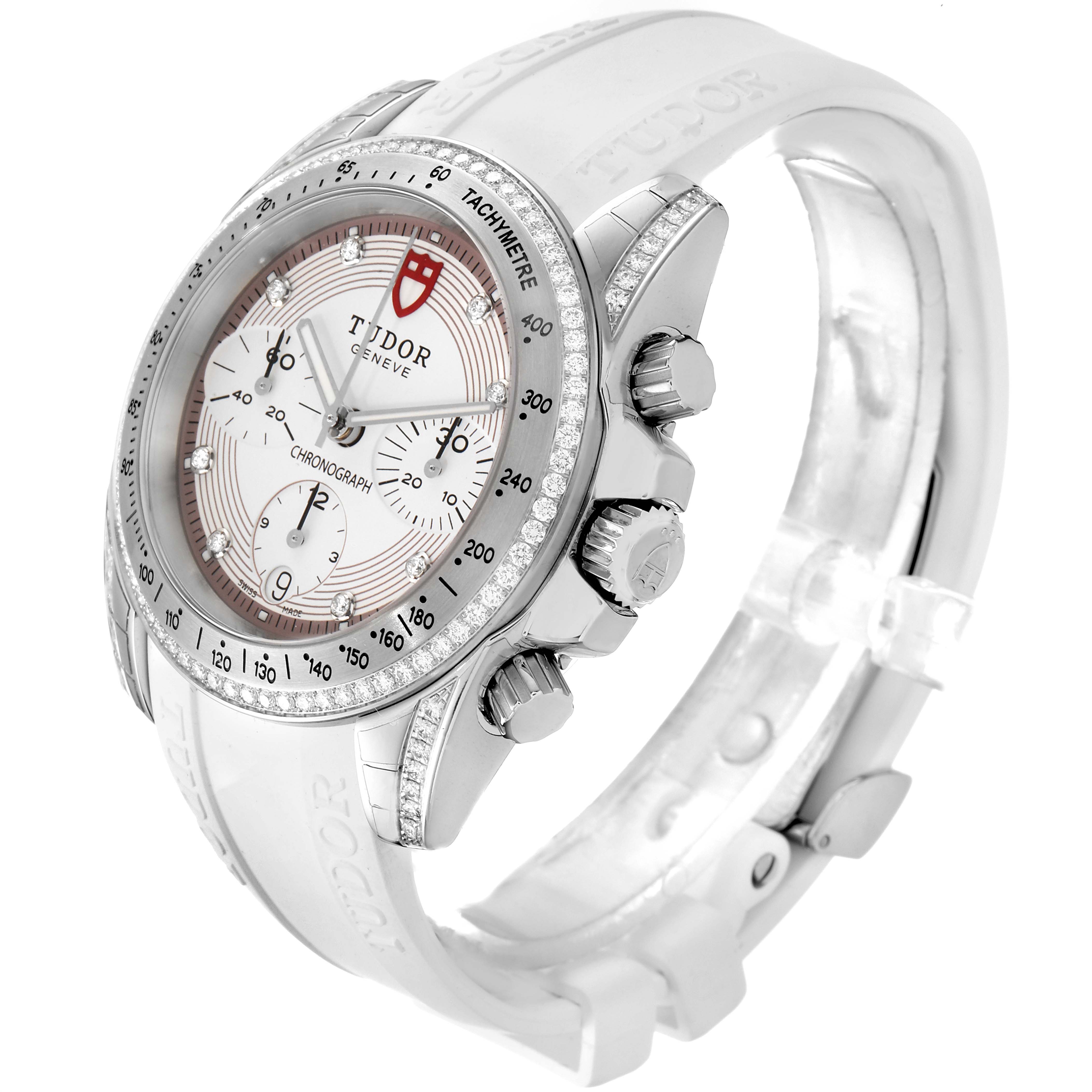 The image shows a side angle of the Tudor Grantour 20310 Men's Stainless Steel White Dial 20310 Men's Stainless Steel White Dial watch featuring its face, bezel, crown, and partially the strap.