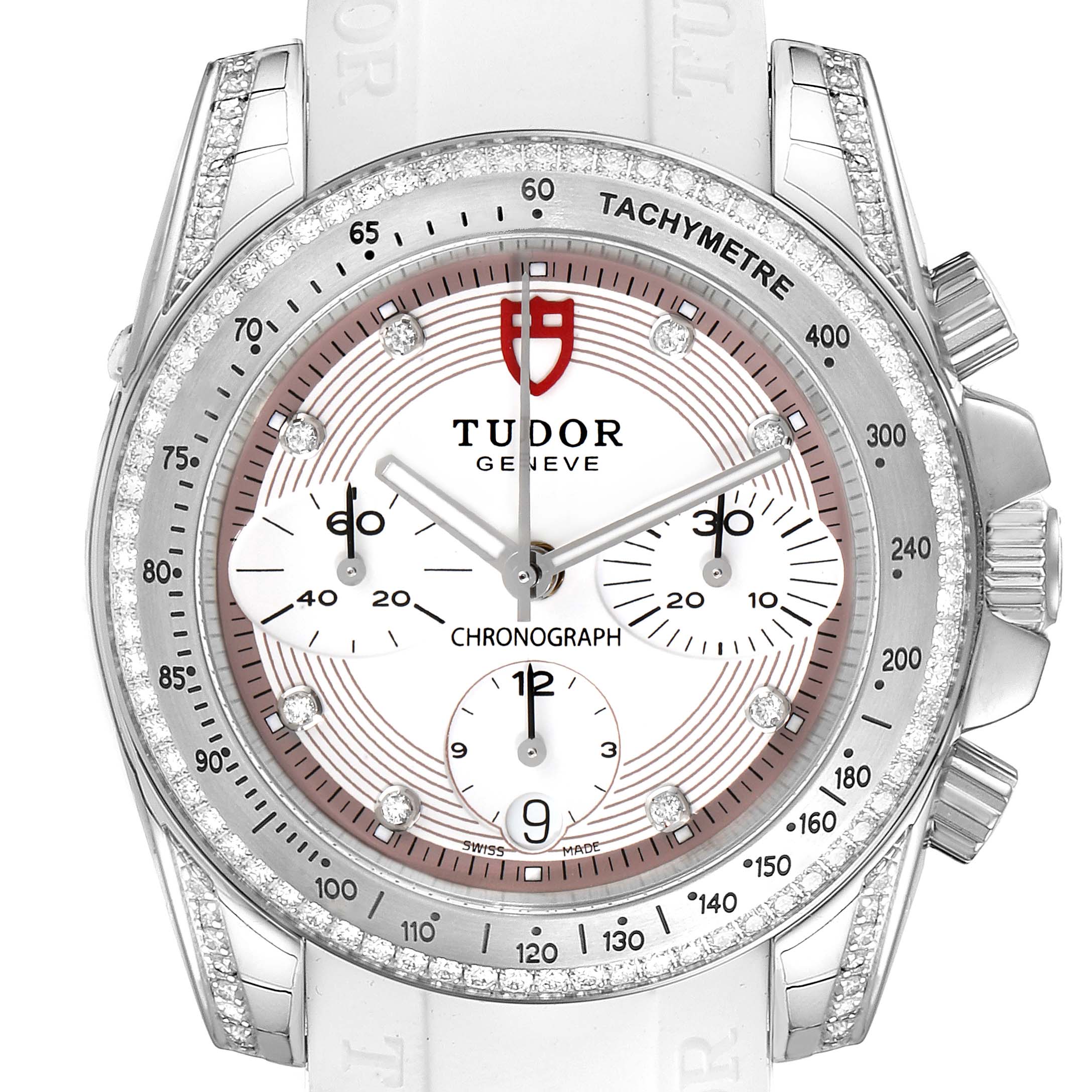 This image shows the front view of a Tudor Grantour 20310 Men's Stainless Steel White Dial 20310 Men's Stainless Steel White Dial chronograph watch, highlighting its dial, tachymeter, and sub-dials.