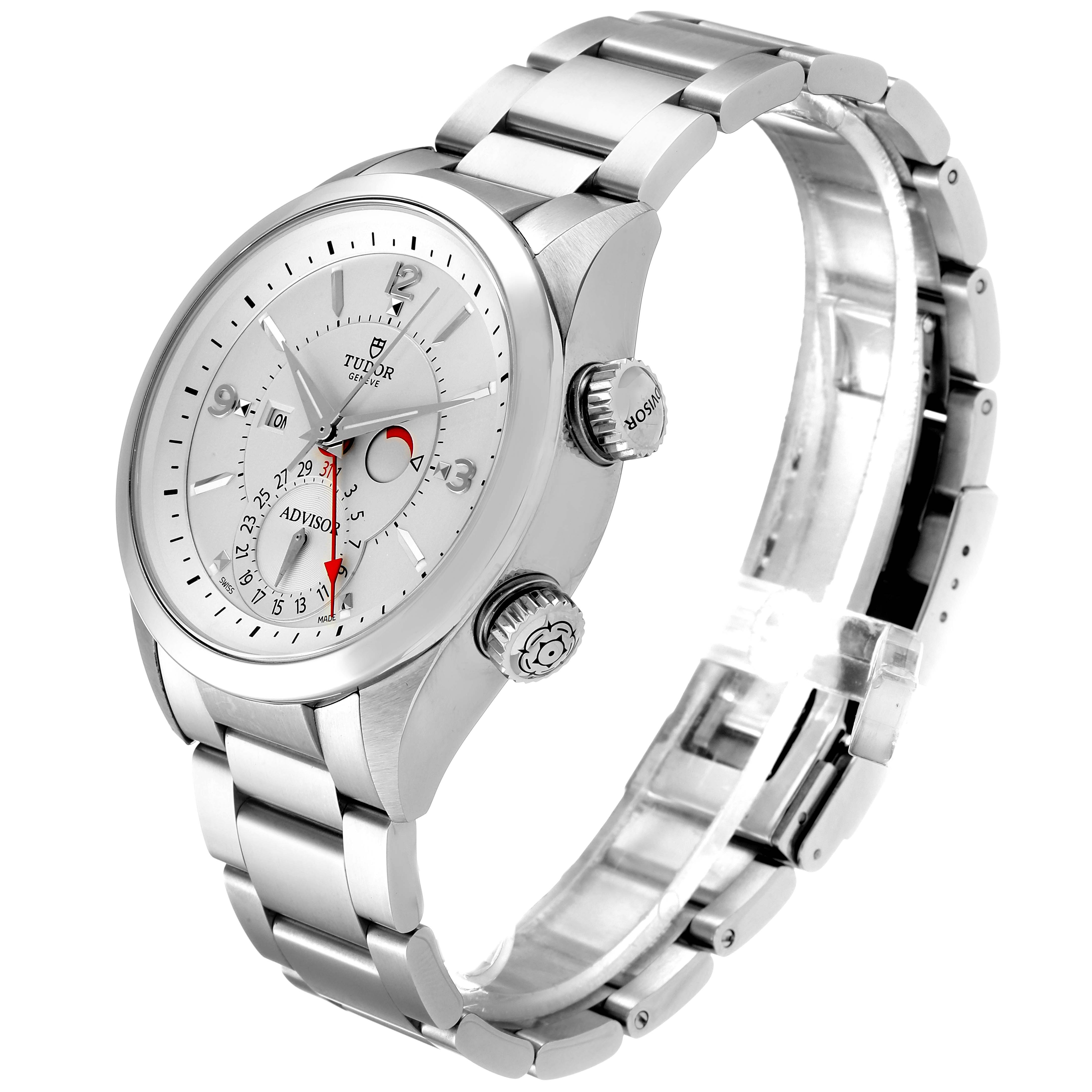 The Tudor Heritage Advisor M79620T-0001 Men's Stainless Steel Silver Dial M79620T-0001 Men's Stainless Steel Silver Dial watch is shown at a three-quarter angle, highlighting the face, bracelet, and two crowns.