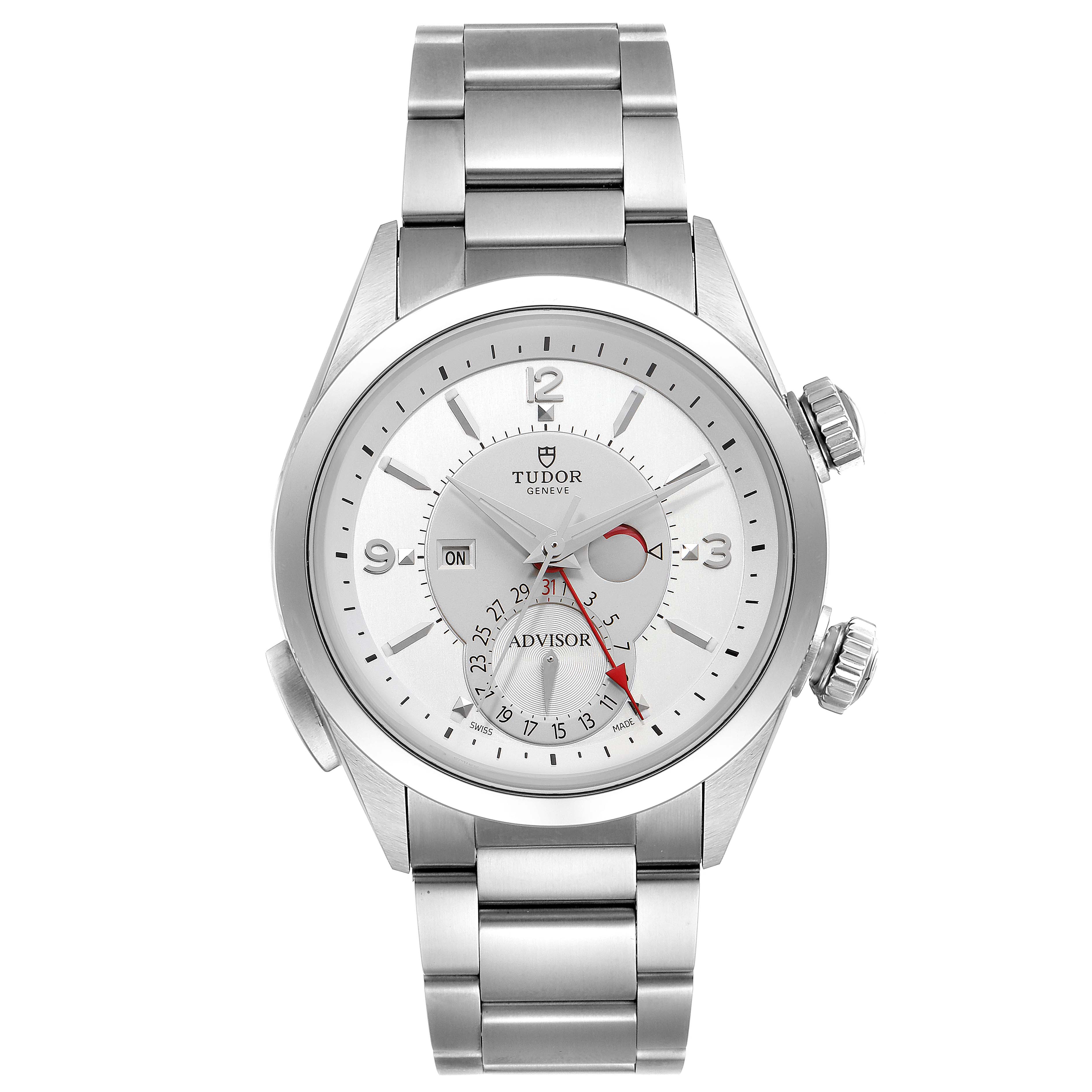 This image shows a frontal view of the Tudor Heritage Advisor M79620T-0001 Men's Stainless Steel Silver Dial M79620T-0001 Men's Stainless Steel Silver Dial watch, displaying the dial, hands, date, and bracelet.