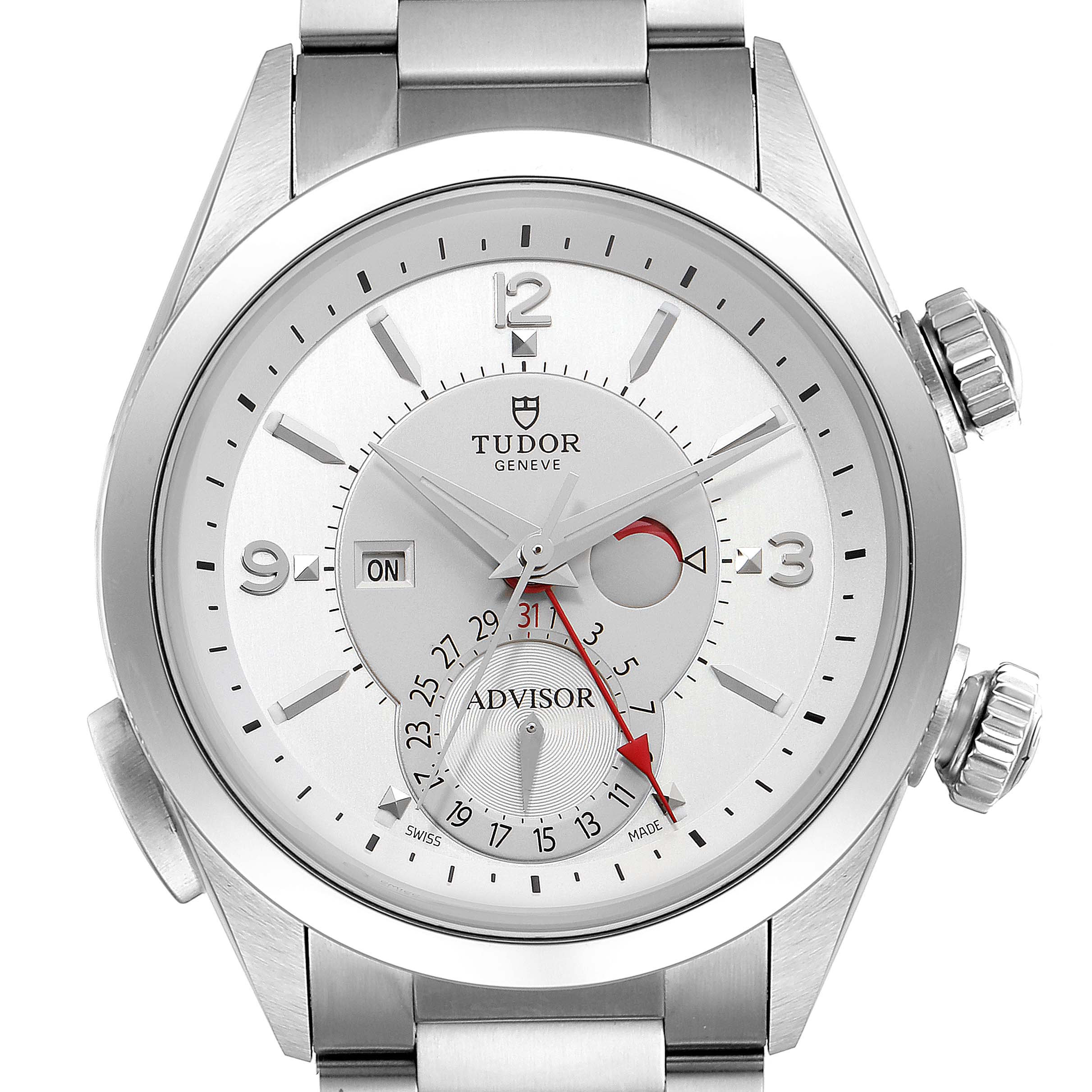 The image shows a close-up of the Tudor Heritage Advisor M79620T-0001 Men's Stainless Steel Silver Dial M79620T-0001 Men's Stainless Steel Silver Dial watch face, detailing the dials, hands, and date indicator.