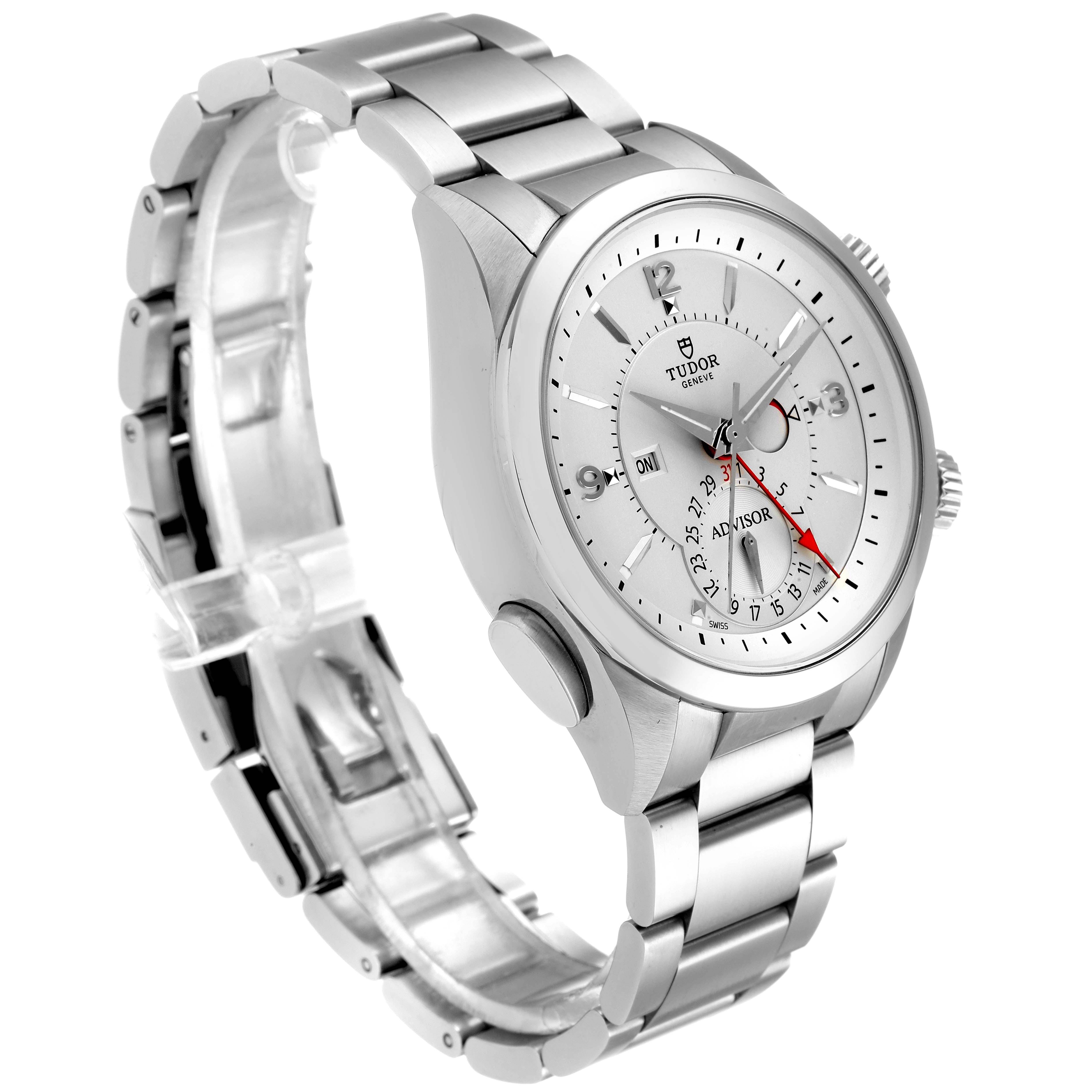 The image shows a side angle of the Tudor Heritage Advisor M79620T-0001 Men's Stainless Steel Silver Dial M79620T-0001 Men's Stainless Steel Silver Dial watch, highlighting the dial, case, and bracelet.