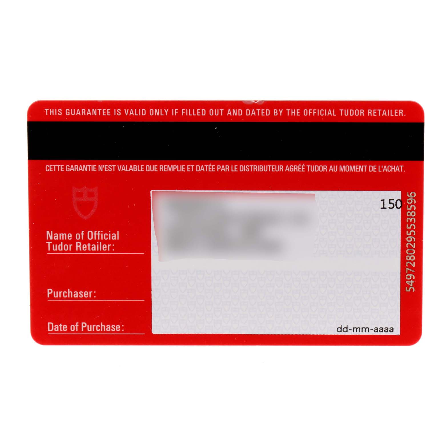 This image shows a guarantee card for the Tudor Heritage Advisor M79620T-0001 Men's Stainless Steel Silver Dial M79620T-0001 Men's Stainless Steel Silver Dial model.