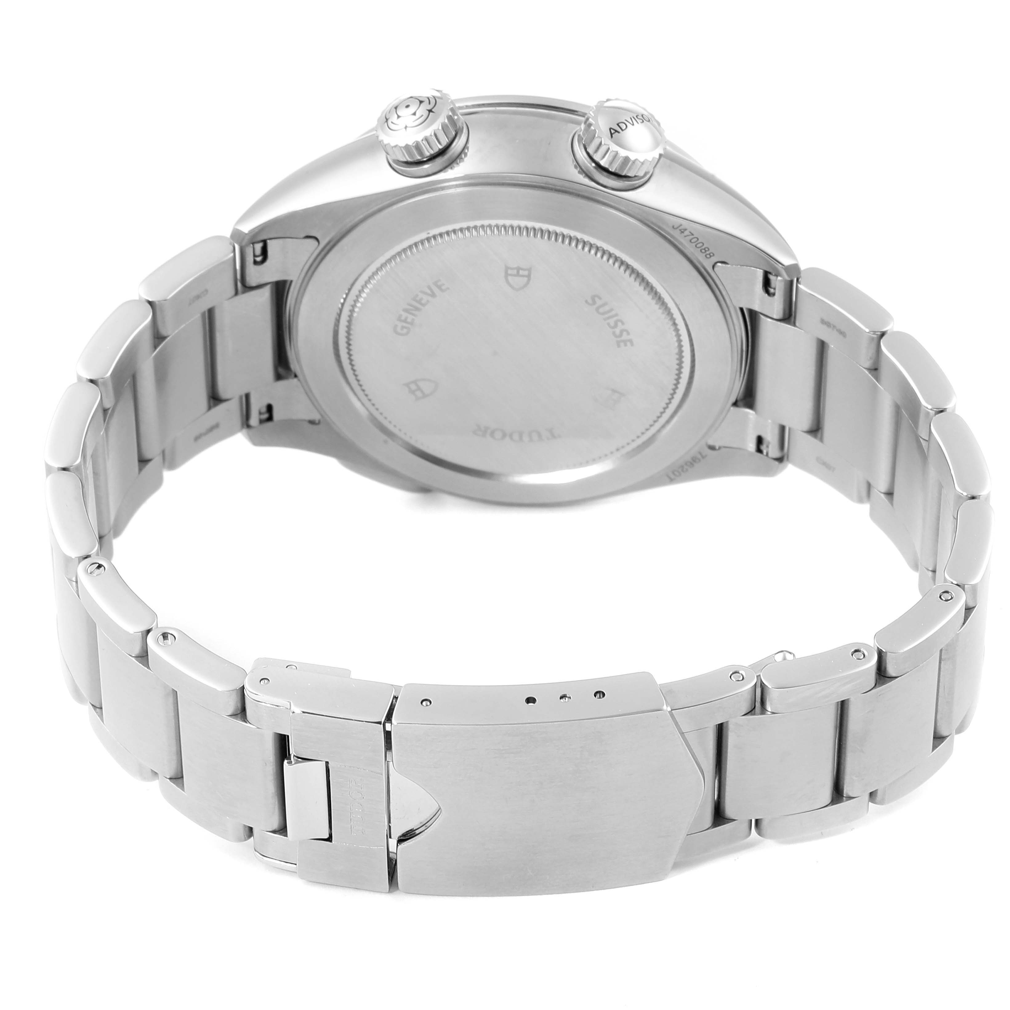 The image shows the back case and stainless steel bracelet of the Tudor Heritage Advisor M79620T-0001 Men's Stainless Steel Silver Dial M79620T-0001 Men's Stainless Steel Silver Dial watch from a rear angle.