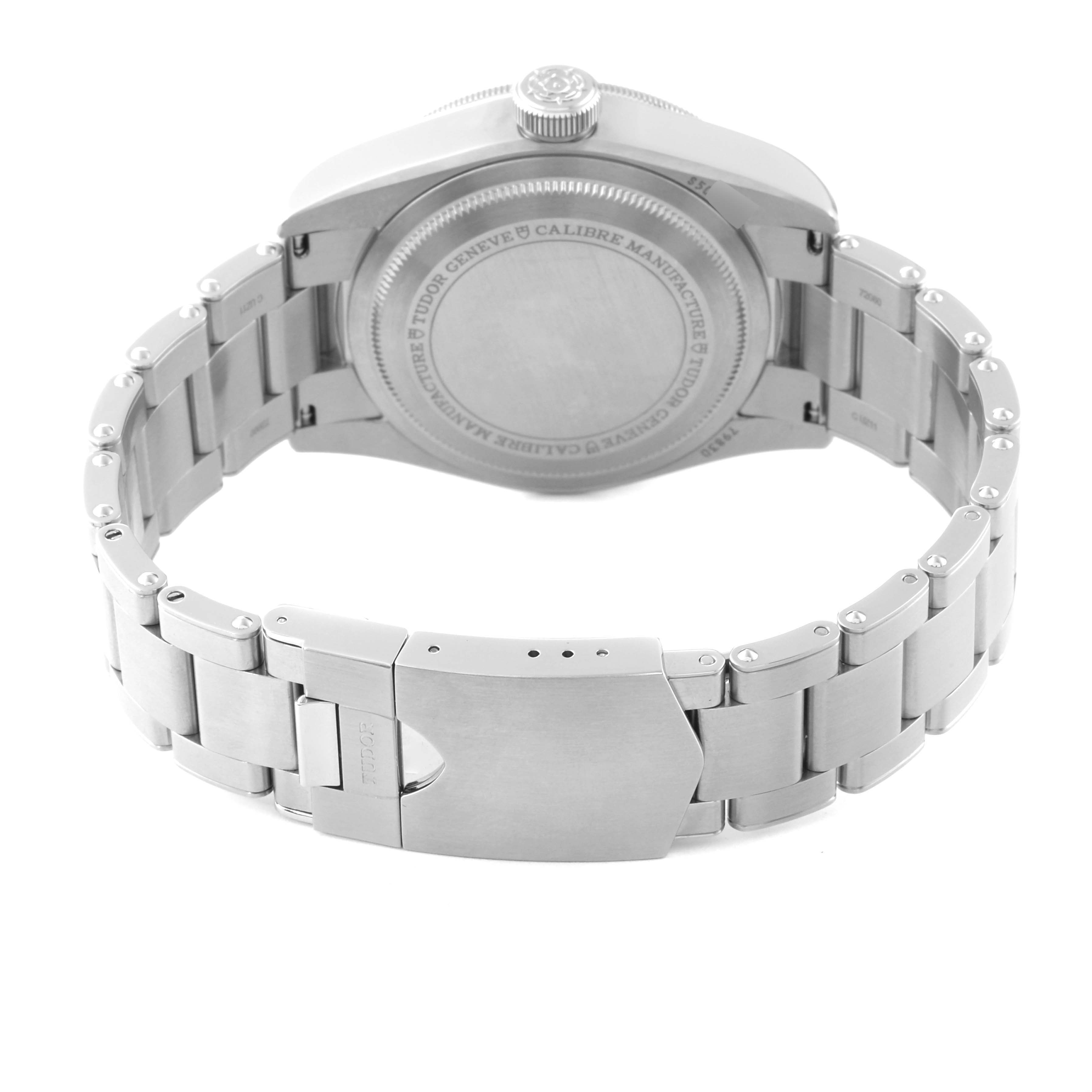 This image shows the back case and bracelet of a Tudor Heritage Black Bay 79830RB Men's Stainless Steel Silver Dial 79830RB Men's Stainless Steel Silver Dial watch, viewed from the rear.