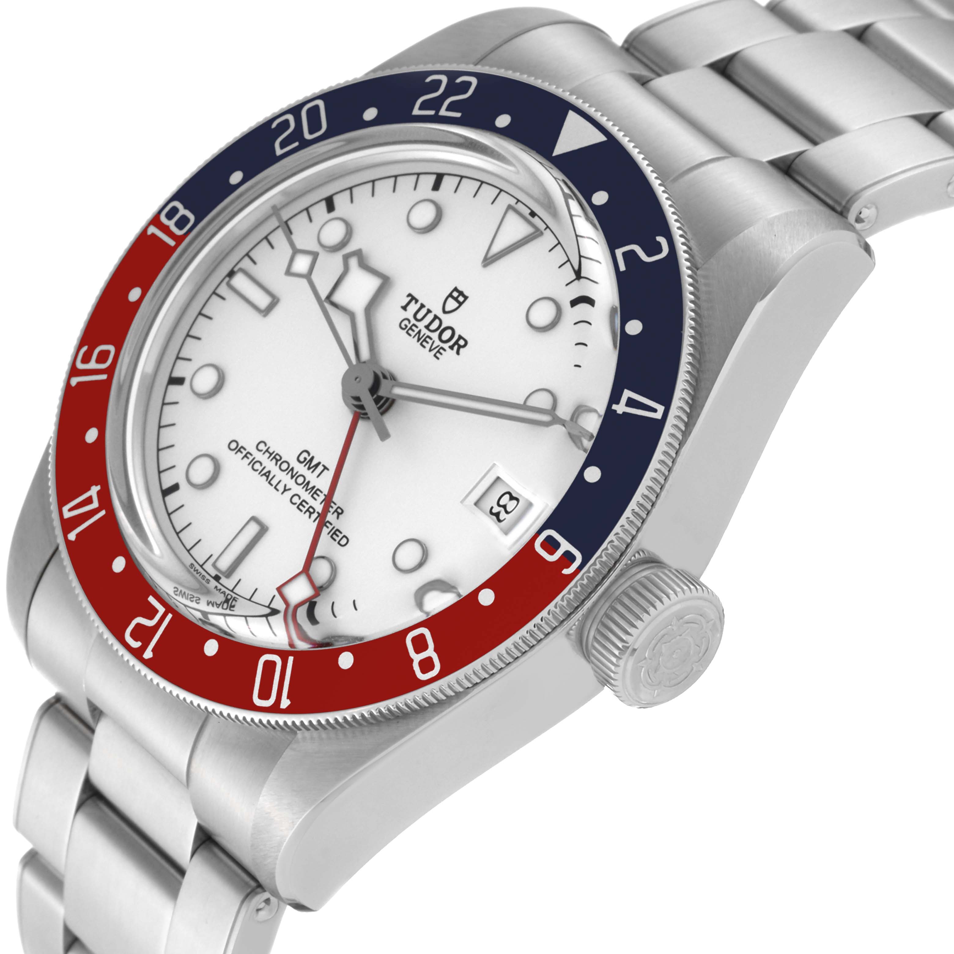 This image shows a Heritage Black Bay Tudor watch from a top-side angle, highlighting its bezel, dial, and bracelet.