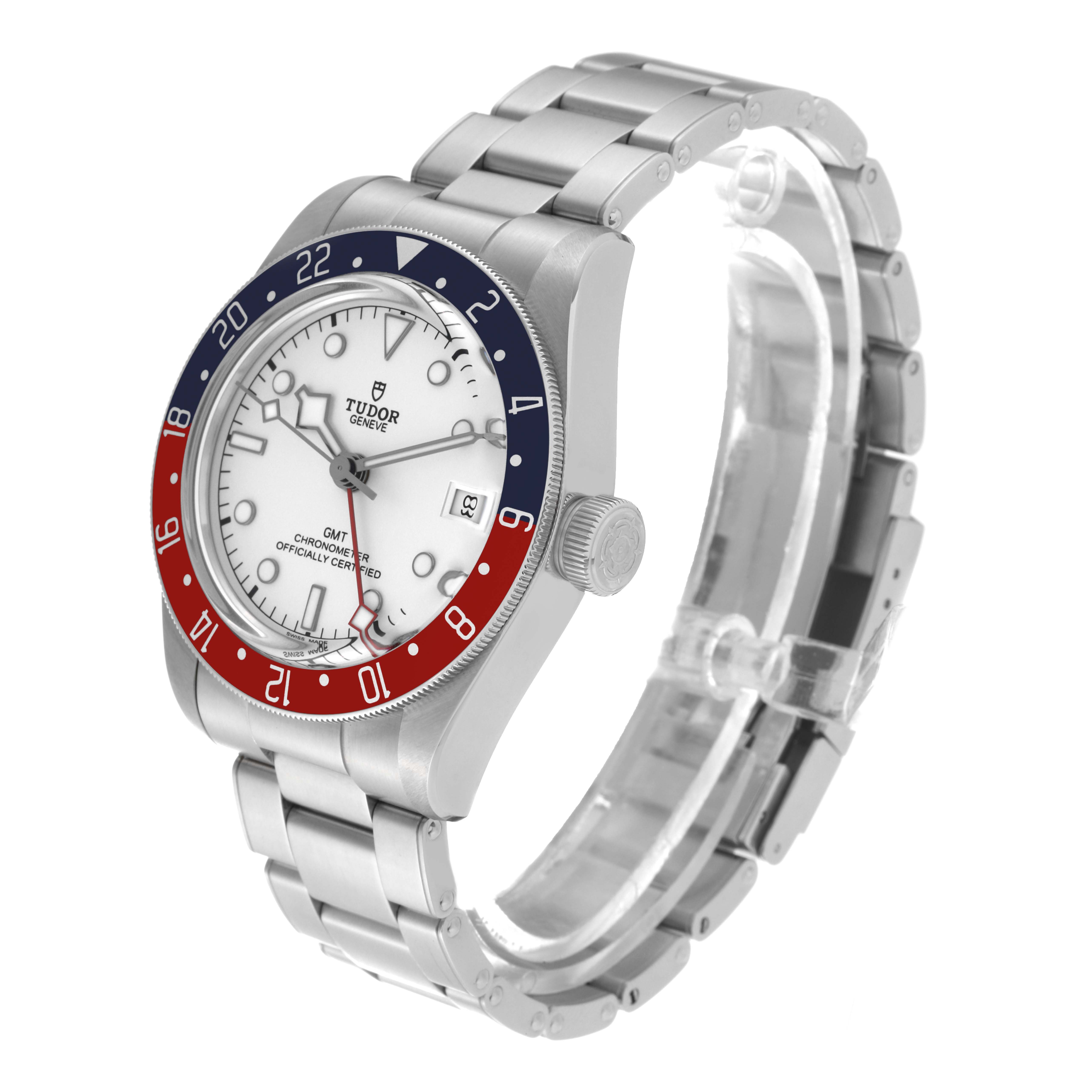 The Tudor Heritage Black Bay 79830RB Men's Stainless Steel Silver Dial 79830RB Men's Stainless Steel Silver Dial watch is shown at a slight angle, displaying the dial, bezel, crown, and bracelet.