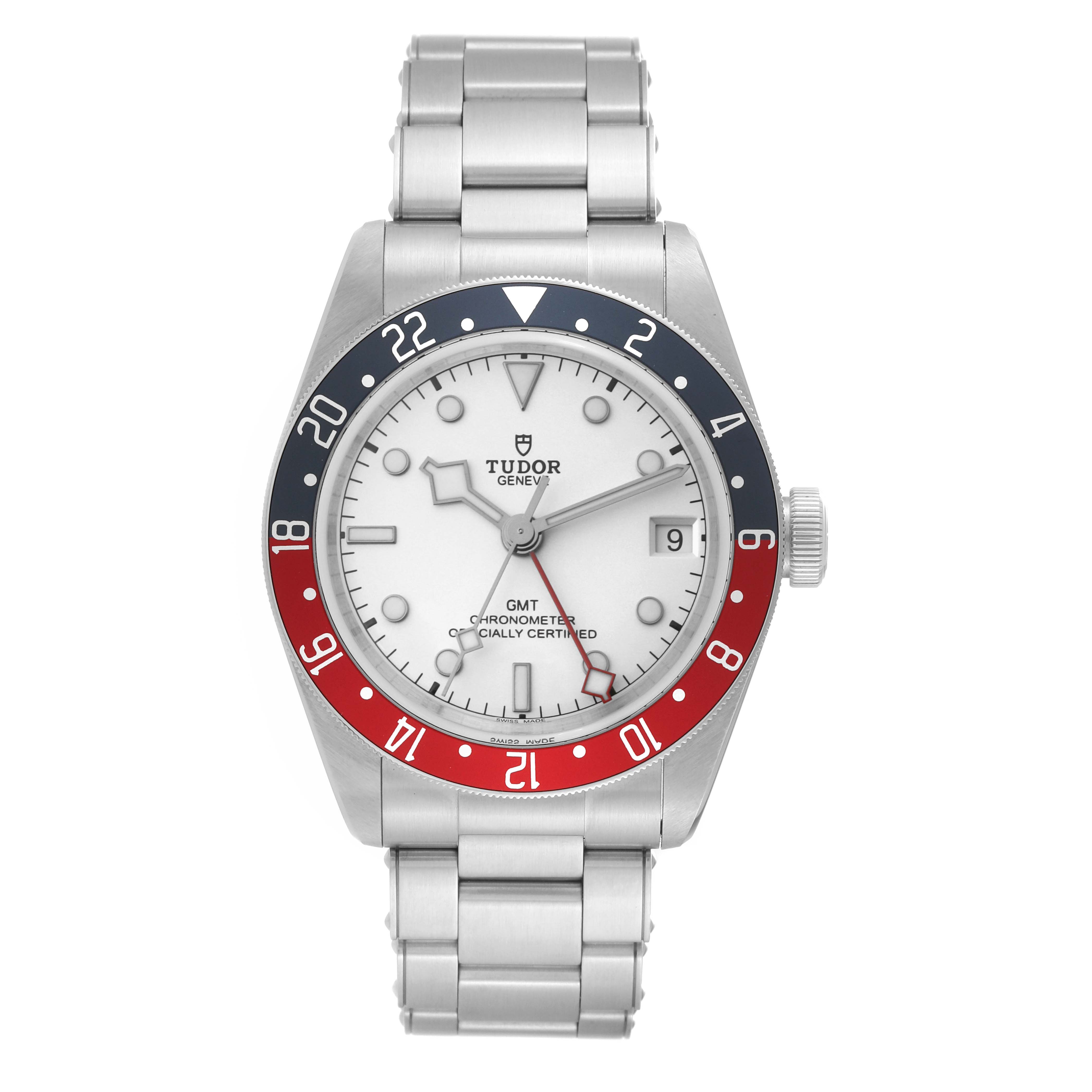 The image shows a front view of a Tudor Heritage Black Bay 79830RB Men's Stainless Steel Silver Dial 79830RB Men's Stainless Steel Silver Dial GMT watch, highlighting the dial, bezel, and stainless steel bracelet.