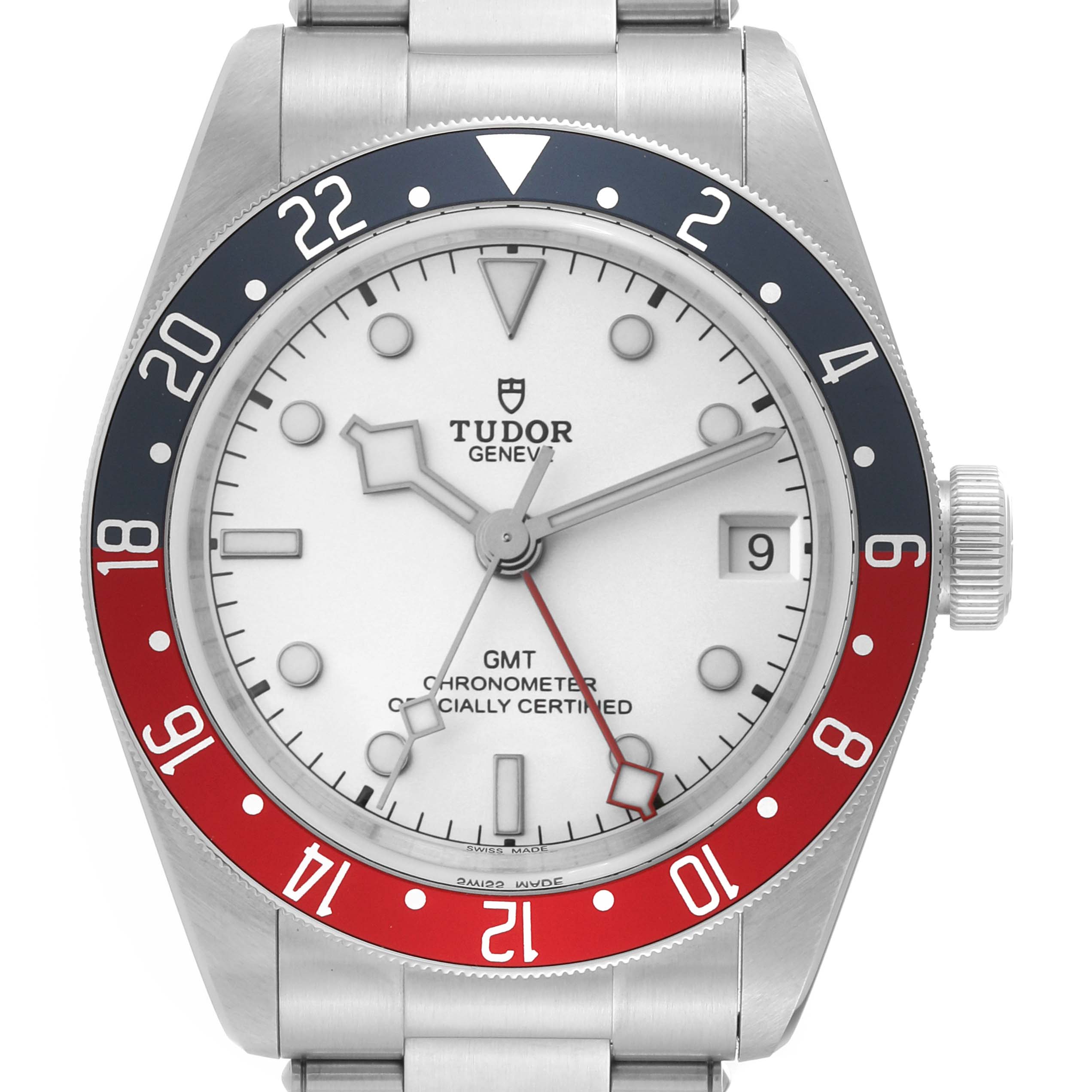 This is a front view of the Tudor Heritage Black Bay 79830RB Men's Stainless Steel Silver Dial 79830RB Men's Stainless Steel Silver Dial watch, showing its dial, bezel, crown, and part of the bracelet.