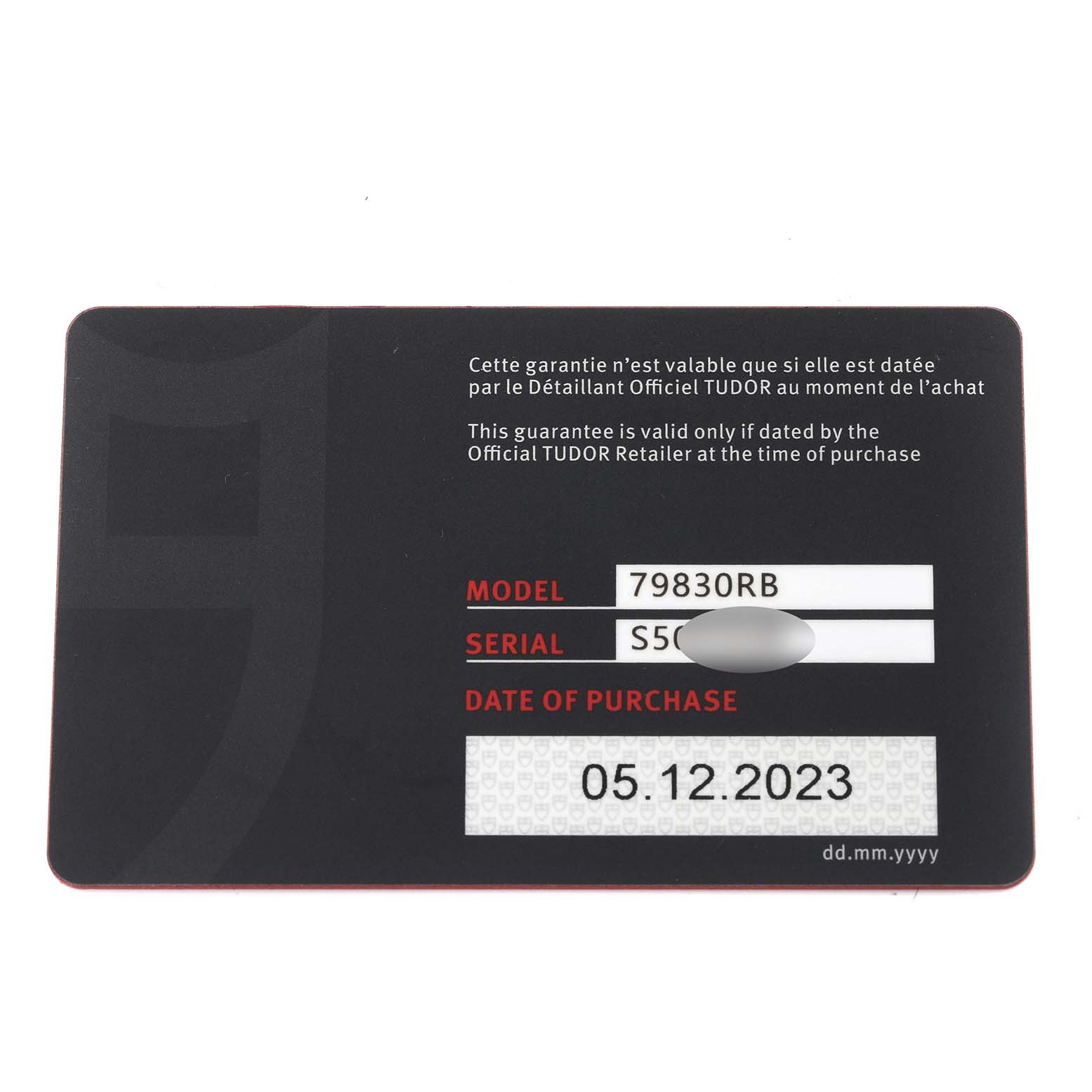 The image displays a warranty card for a Tudor Heritage Black Bay 79830RB Men's Stainless Steel Silver Dial 79830RB Men's Stainless Steel Silver Dial model watch showing model, serial number, and date of purchase.