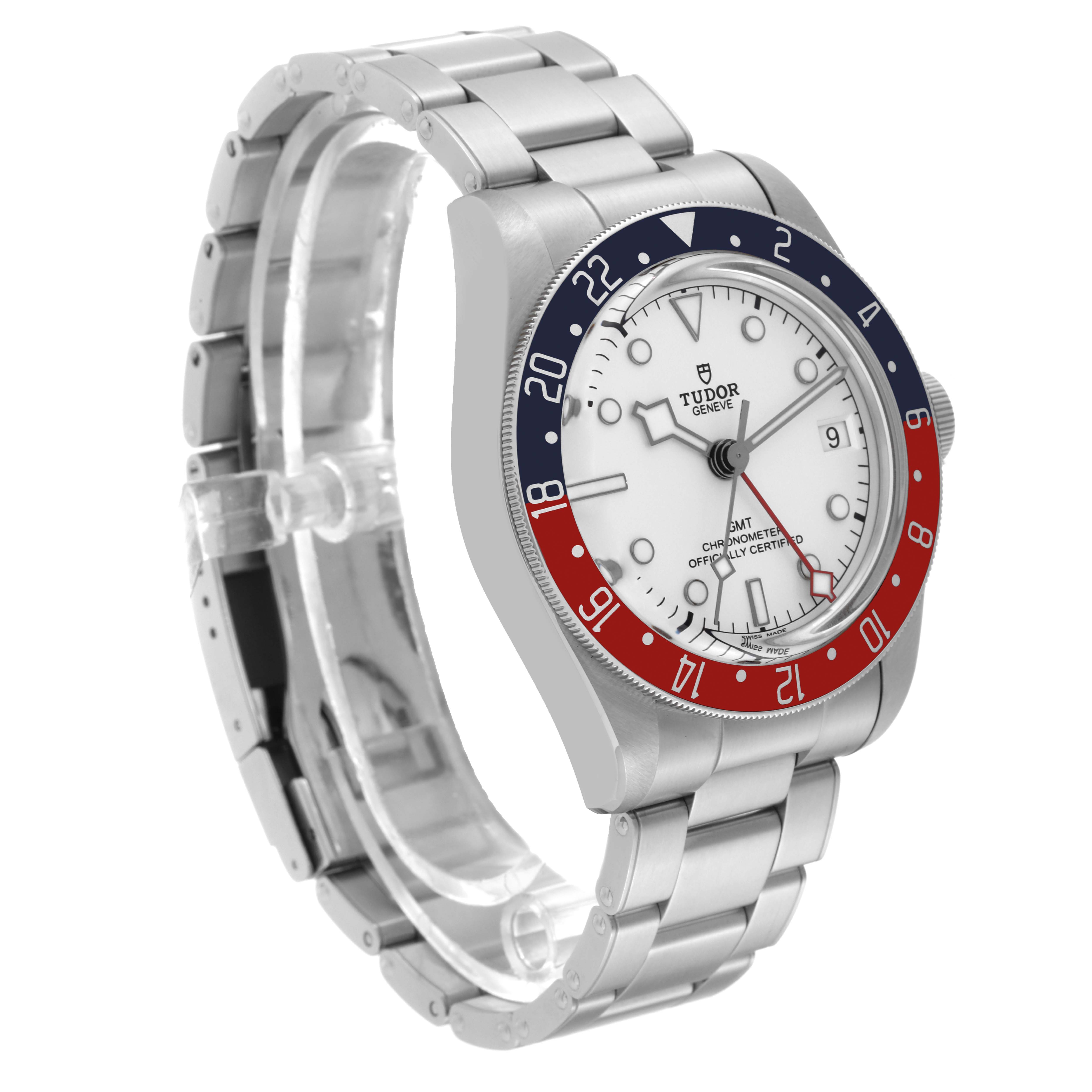 The image displays a Tudor Heritage Black Bay 79830RB Men's Stainless Steel Silver Dial 79830RB Men's Stainless Steel Silver Dial watch at a three-quarter angle, highlighting its face, bezel, and stainless steel bracelet.