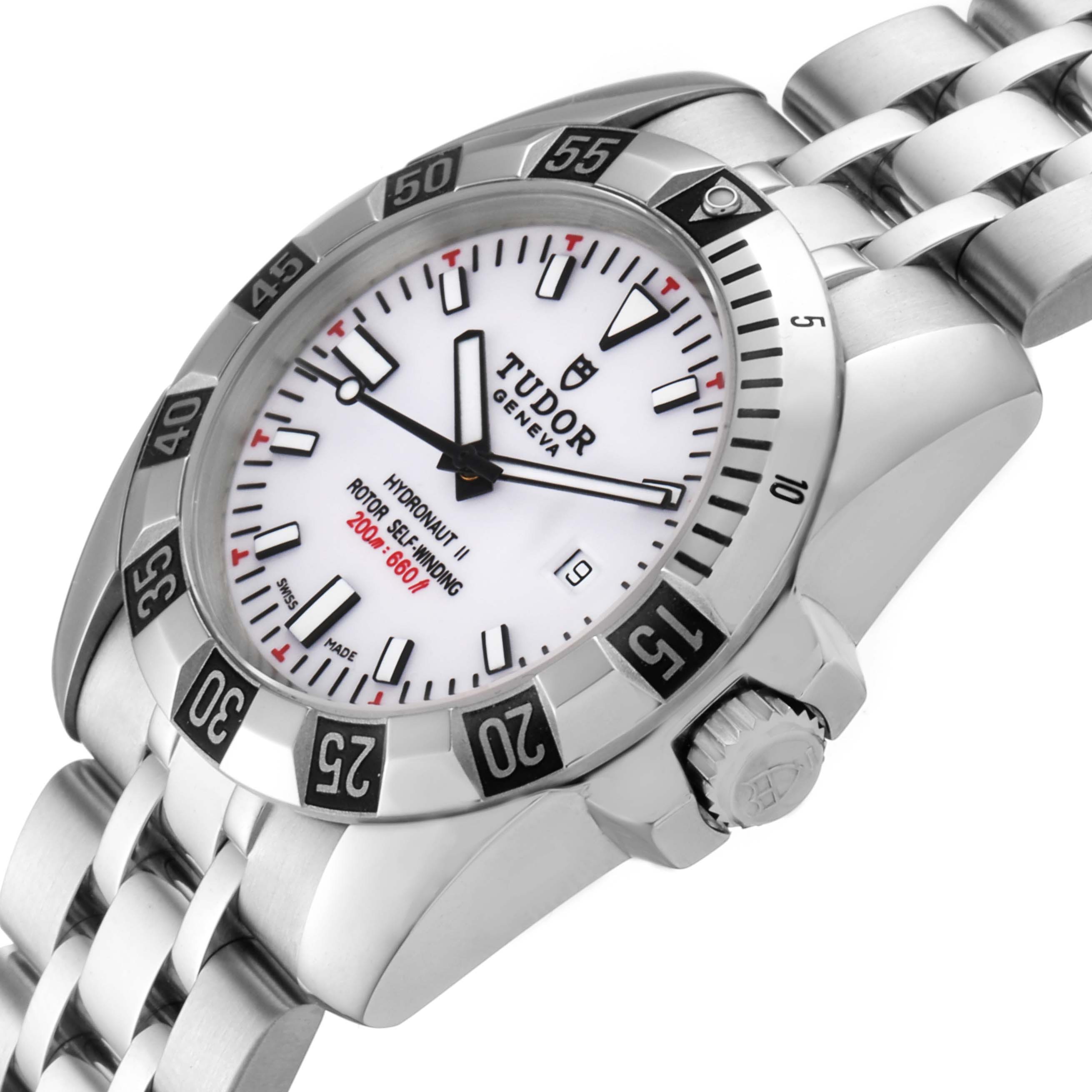 The Tudor Hydronaut 24030 Women's Stainless Steel White Dial 24030 Women's Stainless Steel White Dial watch is shown from an angled view, highlighting its face, bezel, crown, and metal bracelet.