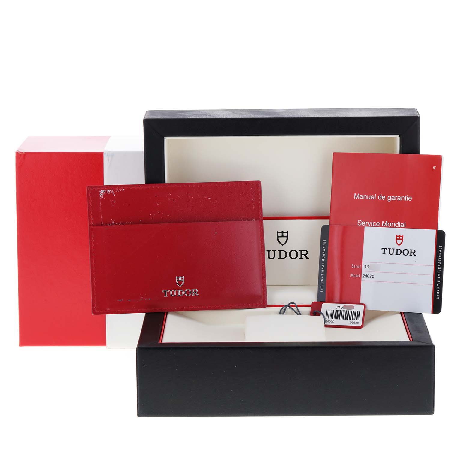 The image shows the packaging and accessories, including the guarantee manual, service booklet, and card holder for the Tudor Hydronaut 24030 Women's Stainless Steel White Dial 24030 Women's Stainless Steel White Dial model.