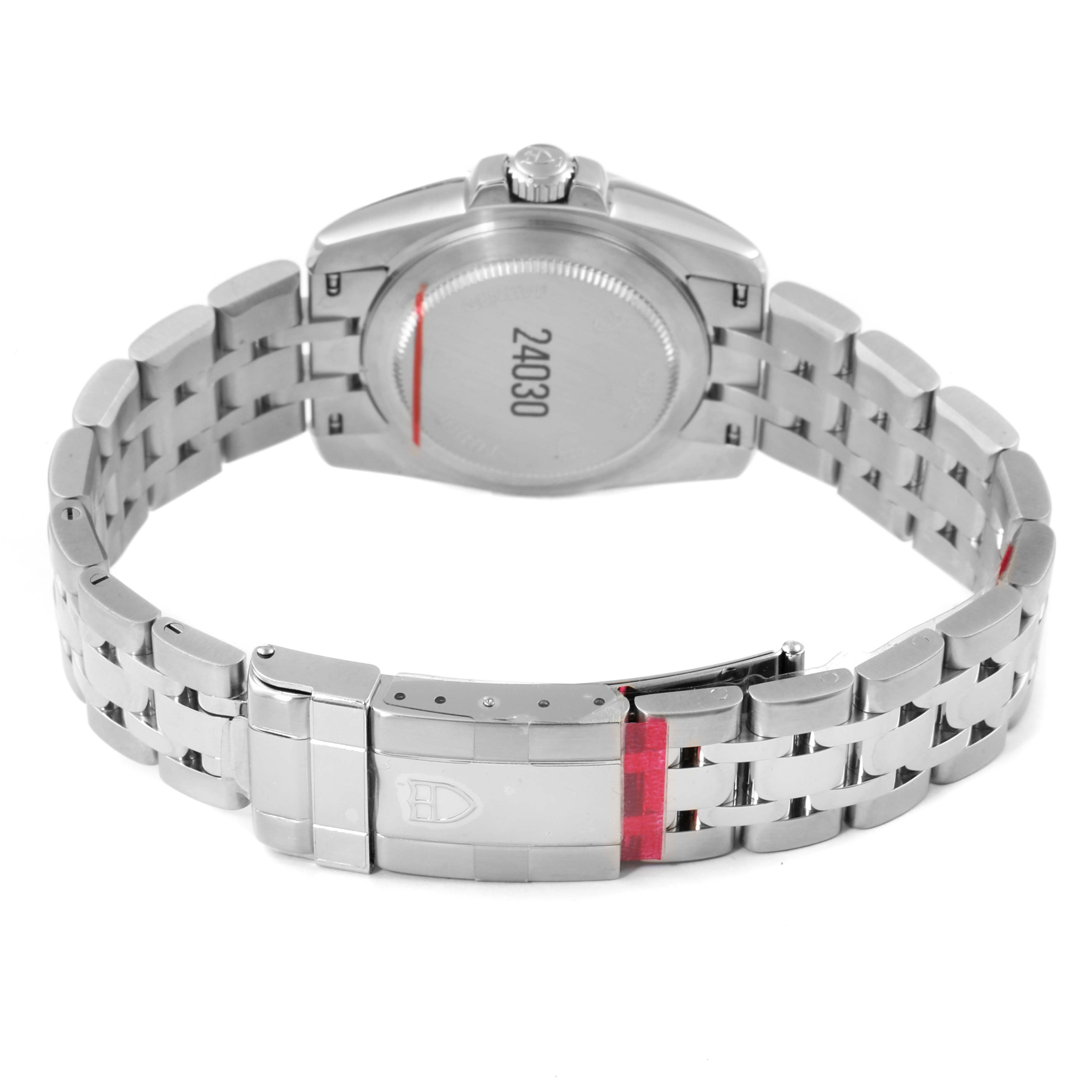 The image shows the back view of a Tudor Hydronaut 24030 Women's Stainless Steel White Dial 24030 Women's Stainless Steel White Dial watch, focusing on its stainless steel bracelet and clasp.